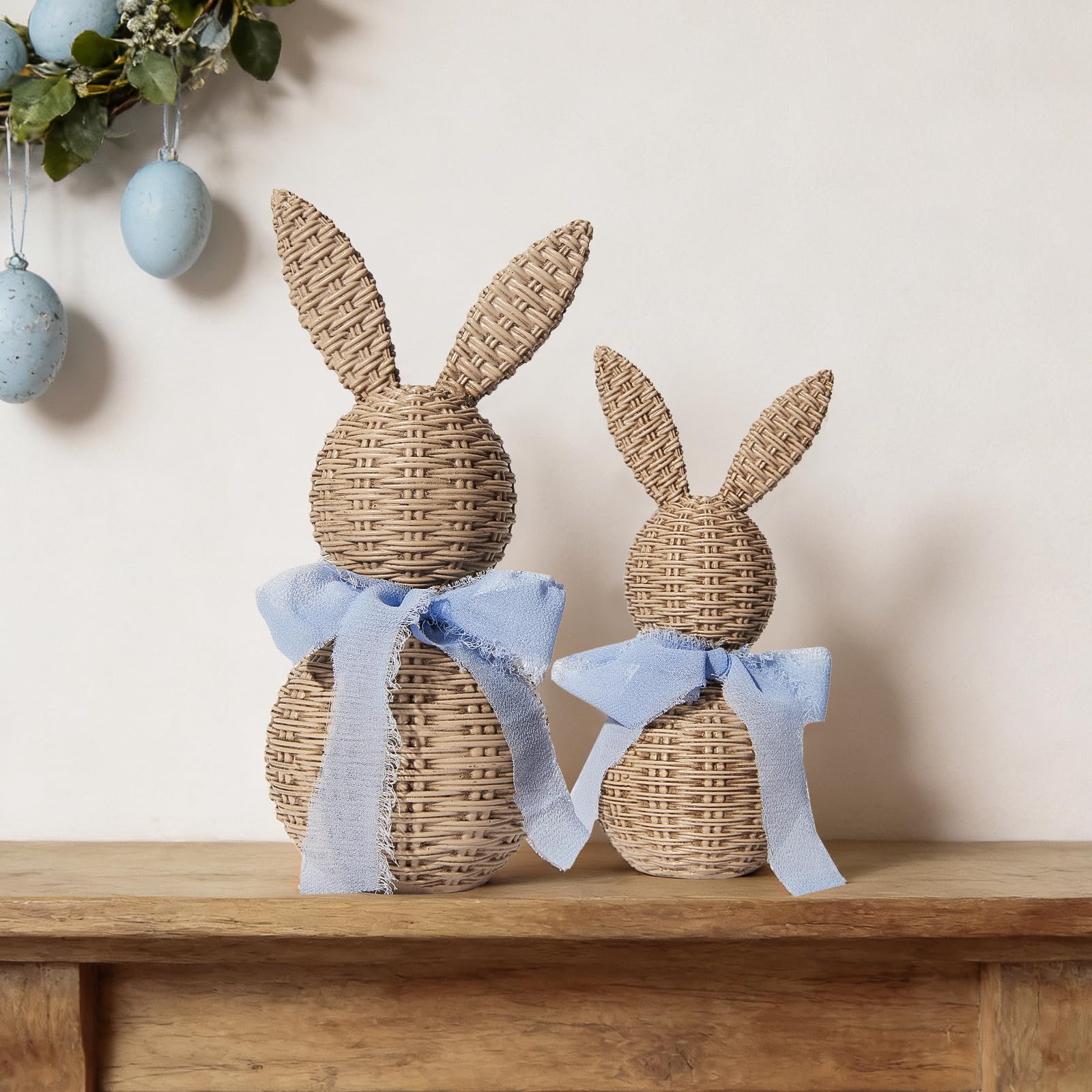 WDS WONDROUS Rattan Effect Resin Bunnies with Light Blue Bow 2-Pcs Large & Small, Easter Decorations Bunny Figurines Set, Farmhouse Spring Table Centerpiece Decor for Home Wedding Gift