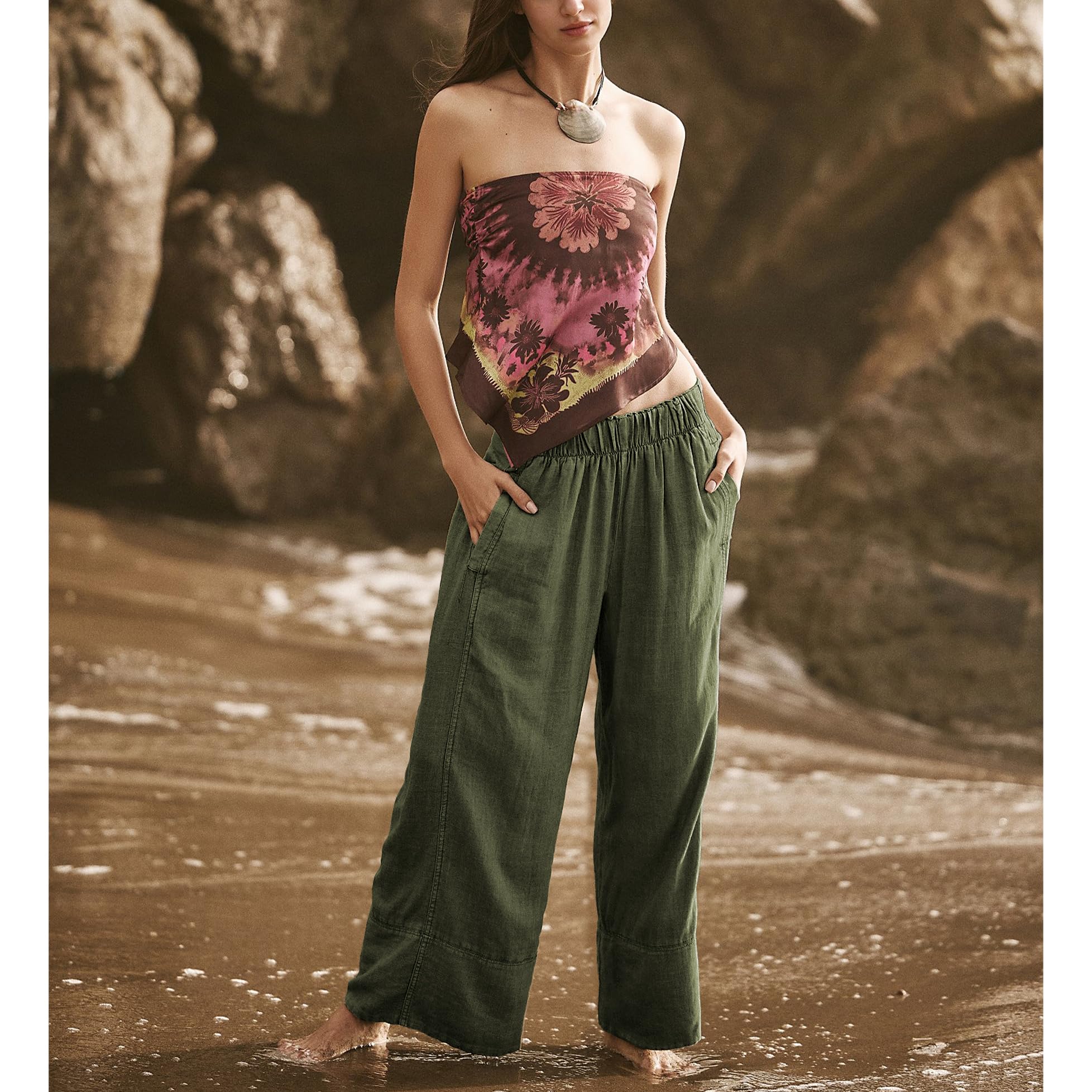SeeLuNa Linen Pants for Women Cotton Baggy Boho Casual Palazzo Pants Wide Leg Long Lounge Trousers with Pockets(Army-Green,S)