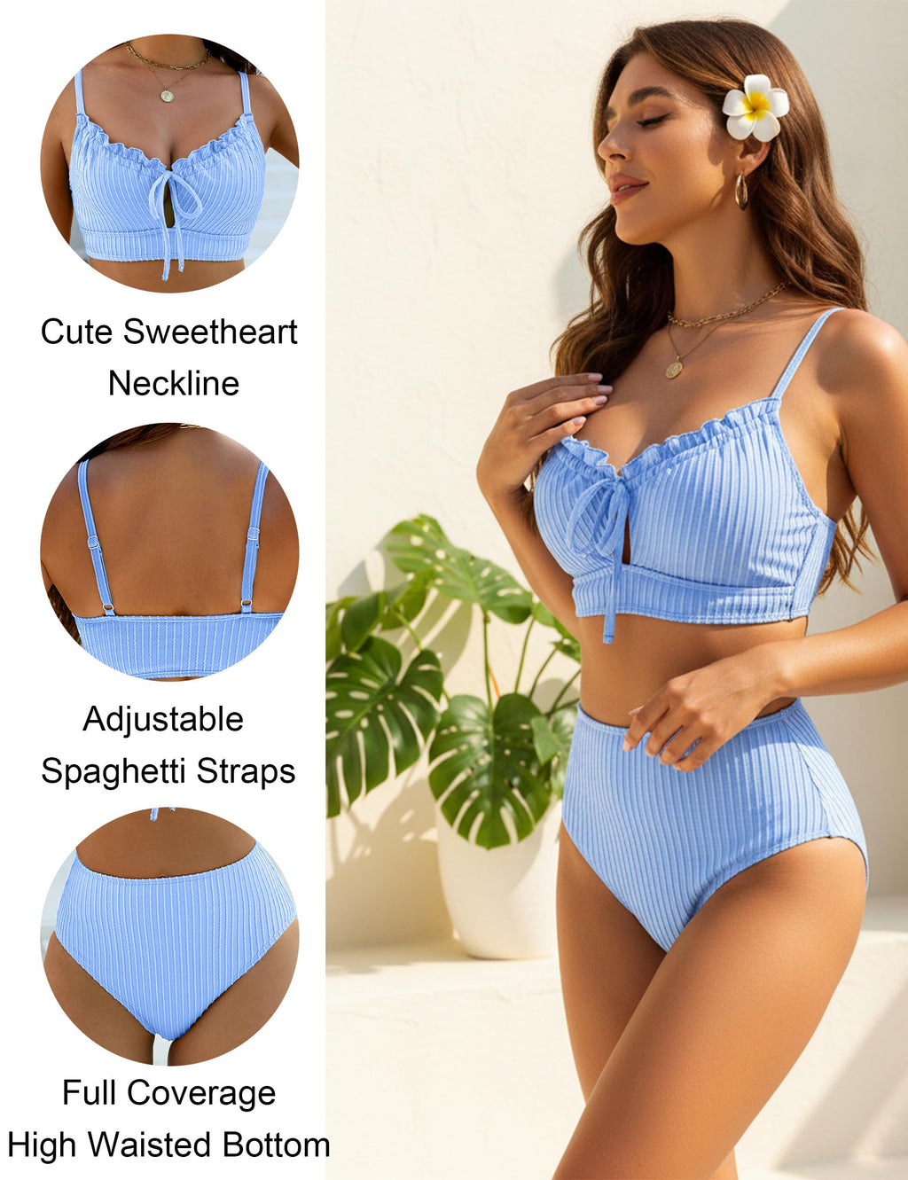 BMJL Bikini Sets for Women High Waisted Bathing Suits Ribbed 2 Piece Full Coverage Swimsuits Flattering Resort Swimwear（S,Sky Blue）