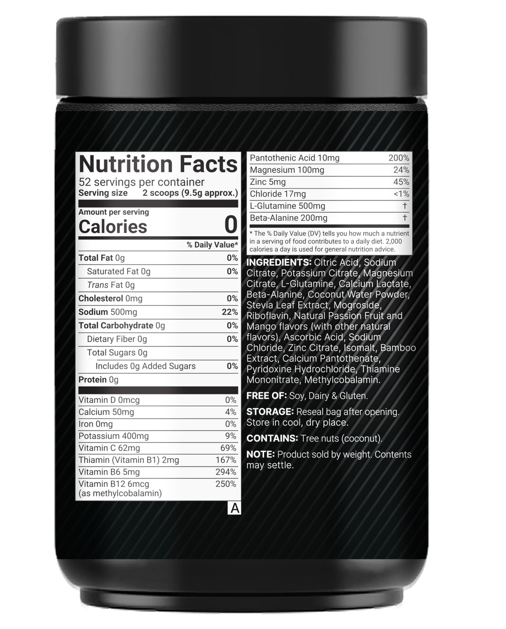 Sport Electrolytes Powder No Sugar, 500g (52 Servings) | Electrolyte Hydration Drink Mix with Sodium, Potassium, Magnesium, L-Glutamine, Beta Alanine, & Coconut Water – Passion Fruit & Mango Flavor