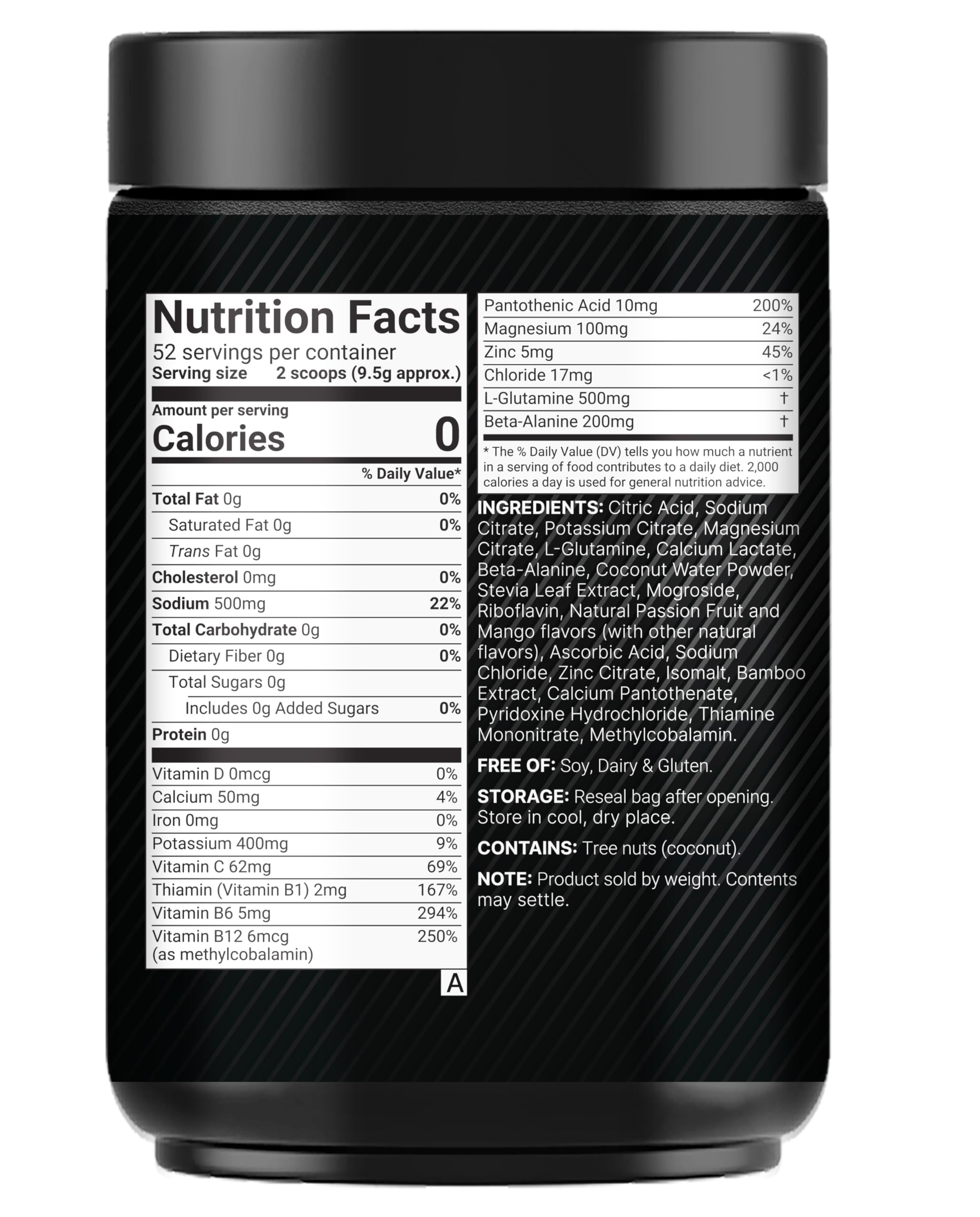 Sport Electrolytes Powder No Sugar, 500g (52 Servings) | Electrolyte Hydration Drink Mix with Sodium, Potassium, Magnesium, L-Glutamine, Beta Alanine, & Coconut Water – Passion Fruit & Mango Flavor