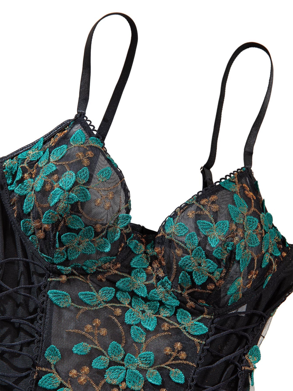 Lilosy Women Sexy Lace Up Floral Embroidered Teddy Babydoll Lingerie Bodysuit Top Mesh Sheer One Piece See Through Green Medium