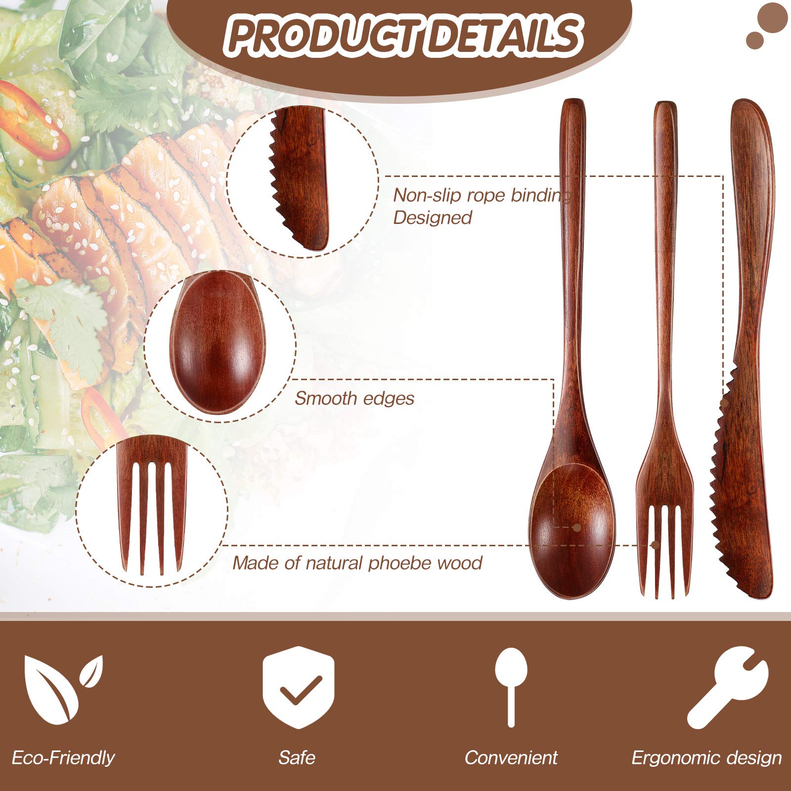 Geiserailie 12 Pcs Wooden Utensils for Eating Wooden Spoon Fork Knife Cutlery Set Kitchen Wood Dinner Flatware Tableware Set Includes Spoon, Fork, Knife
