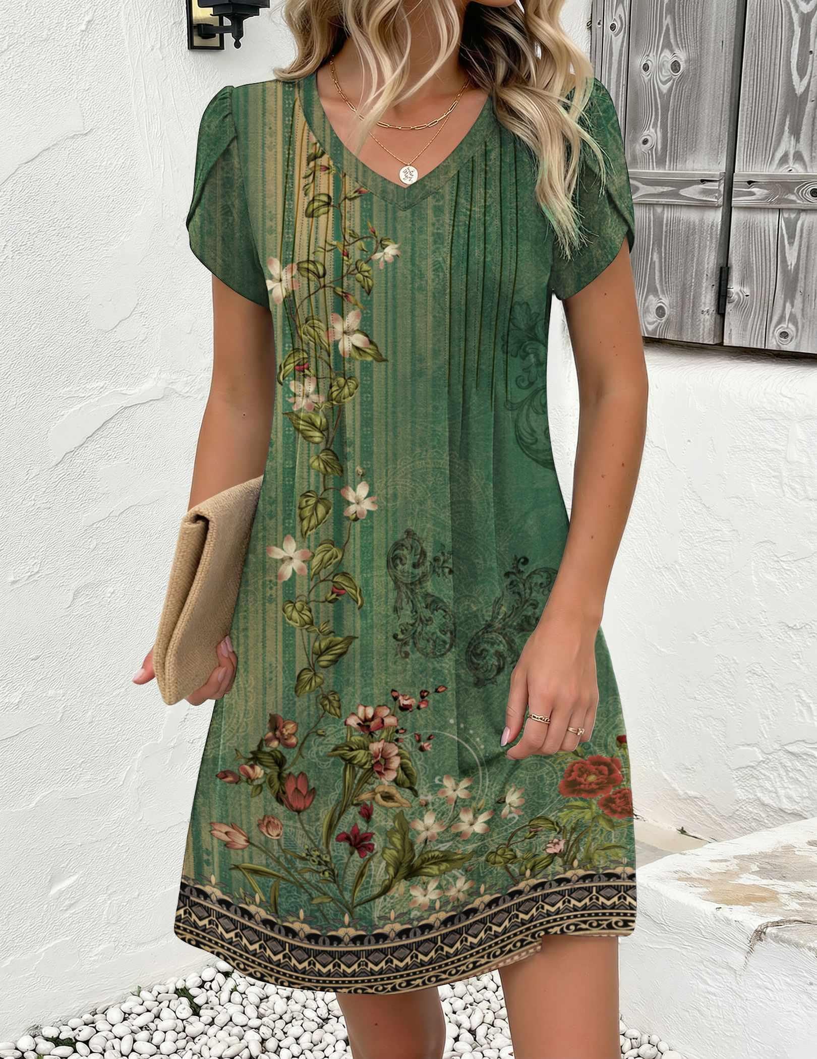 Zeagoo Floral Dresses for Women Casual Summer Dresses Fit and Flare Dress Loose Fit A Line Dress Boho Sundress, Green Floral 01
