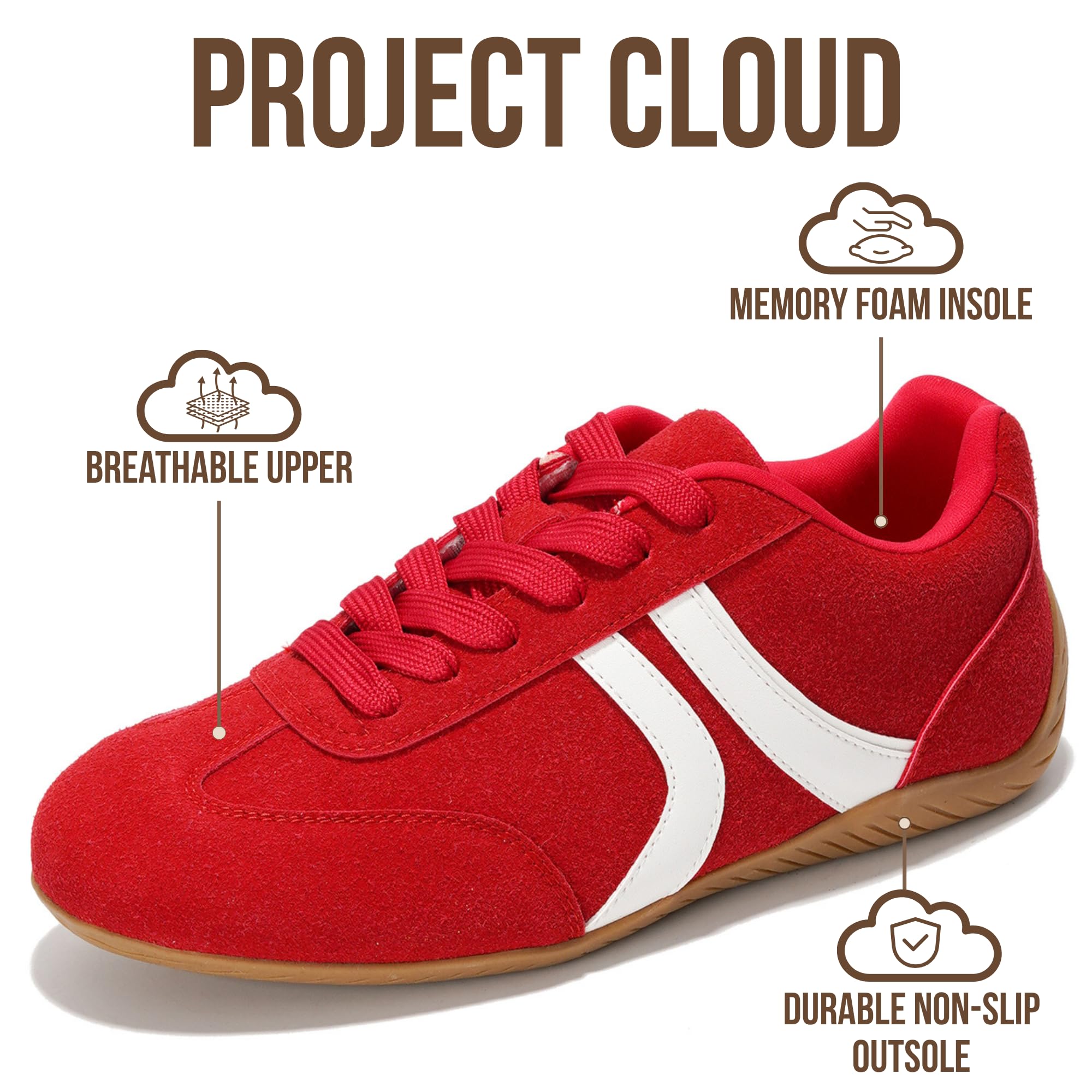 Project Cloud Barefoot Shoes Women – Memory Foam Lace-Up Womens Sneakers – Lightweight & Non Slip Womens Shoes Casual – All-Day Women's Fashion Sneakers for 2026 (Goal, RED, 7)