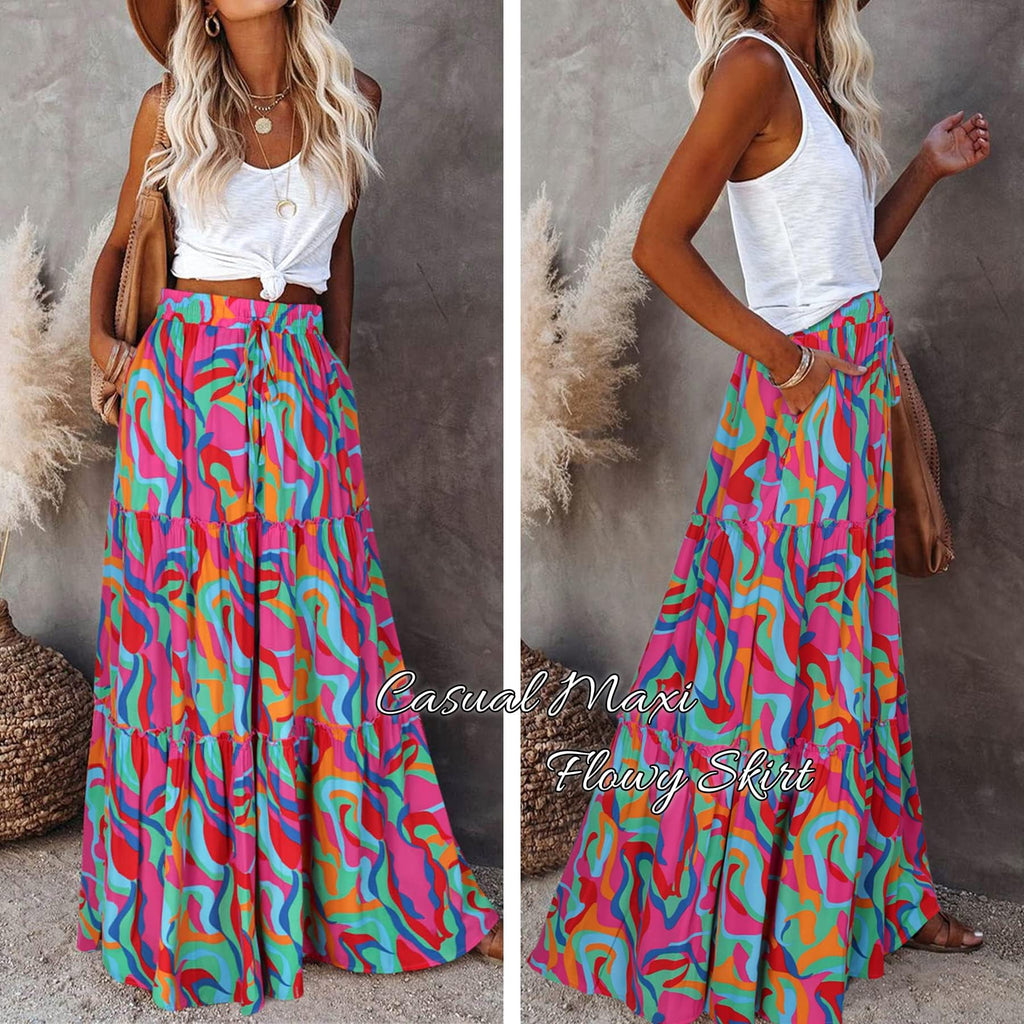 Trendy Lightweight Drawstring Tiered Ruffles Paisley Hippie Plus Size Bohemian Long Maxi Skirt with Deep Pockets Office Music Festival Travel Picnic Dating Fall Outfits Multicolor Abstract Wave L