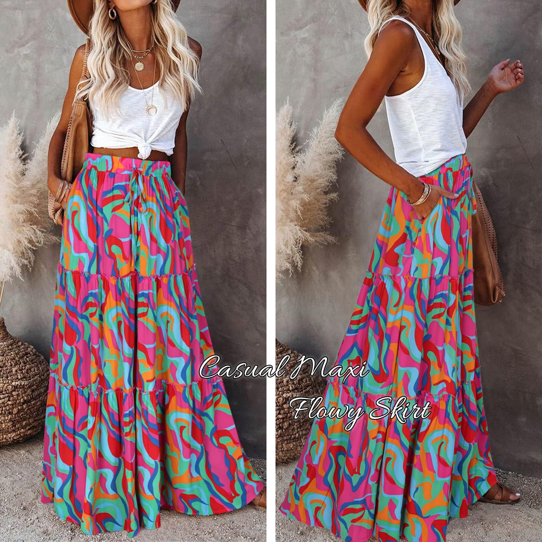 Trendy Lightweight Drawstring Tiered Ruffles Paisley Hippie Plus Size Bohemian Long Maxi Skirt with Deep Pockets Office Music Festival Travel Picnic Dating Fall Outfits Multicolor Abstract Wave L