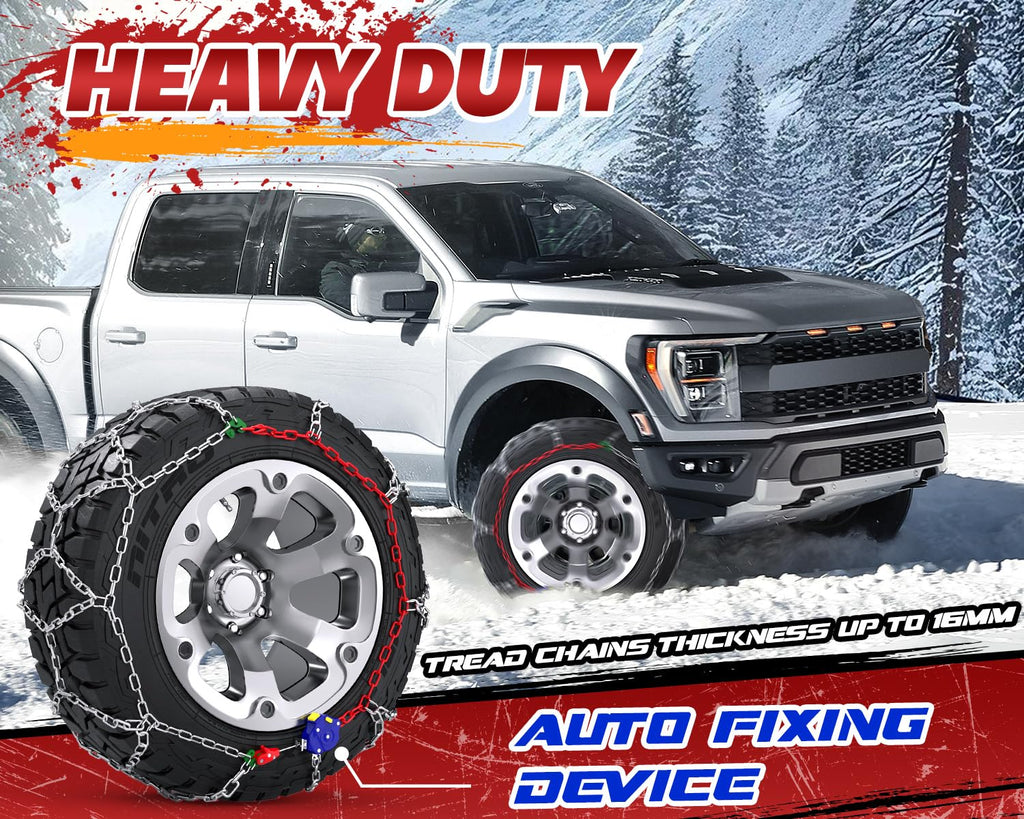 Snow-Chains Auto Fixing 1 Min Quick Installation Tire-Chains, Heavy-Duty Emergency Tire Traction Chain for Pickup Trucks and Off-road SUV Car Tires 235 245 255 265 275 - Set of 2 (HYR-S)