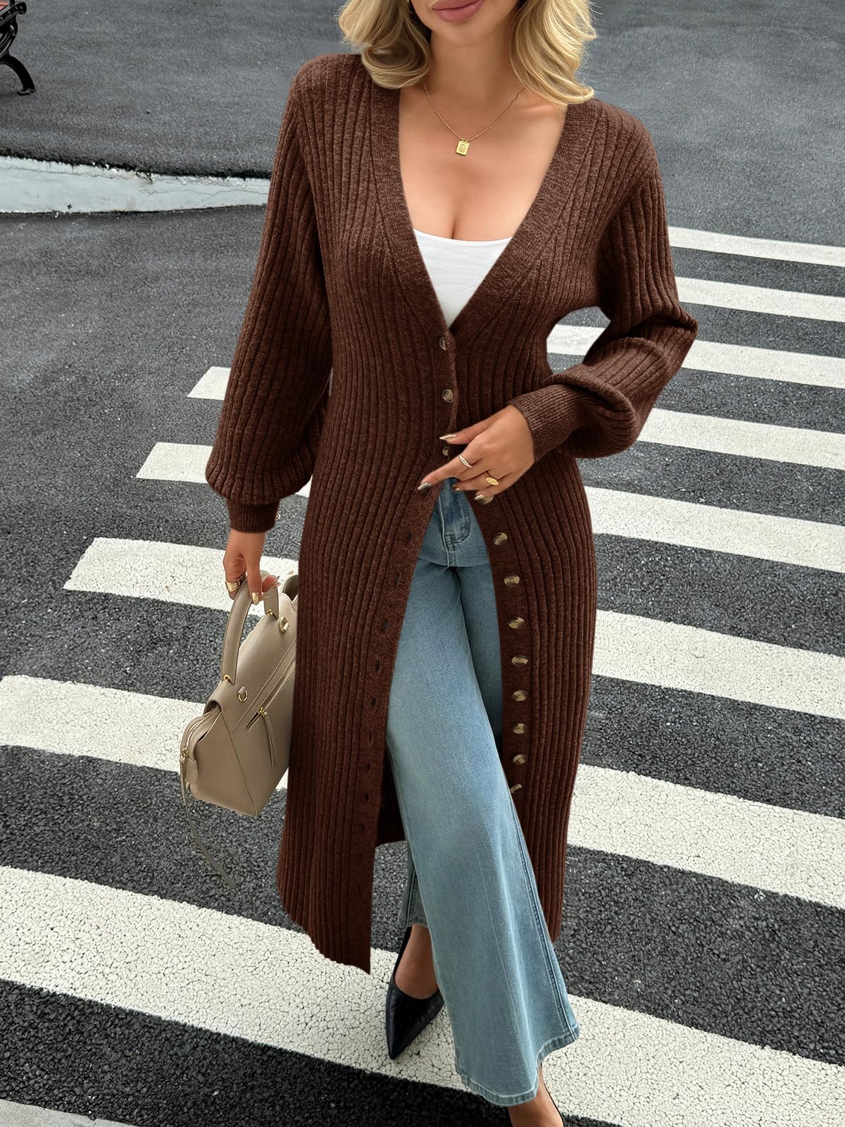 Saodimallsu Womens Long Cardigans V Neck Button Down Chunky Knit Dusters Sweater Coat Fall Trendy Maxi Sweater Dress Brown