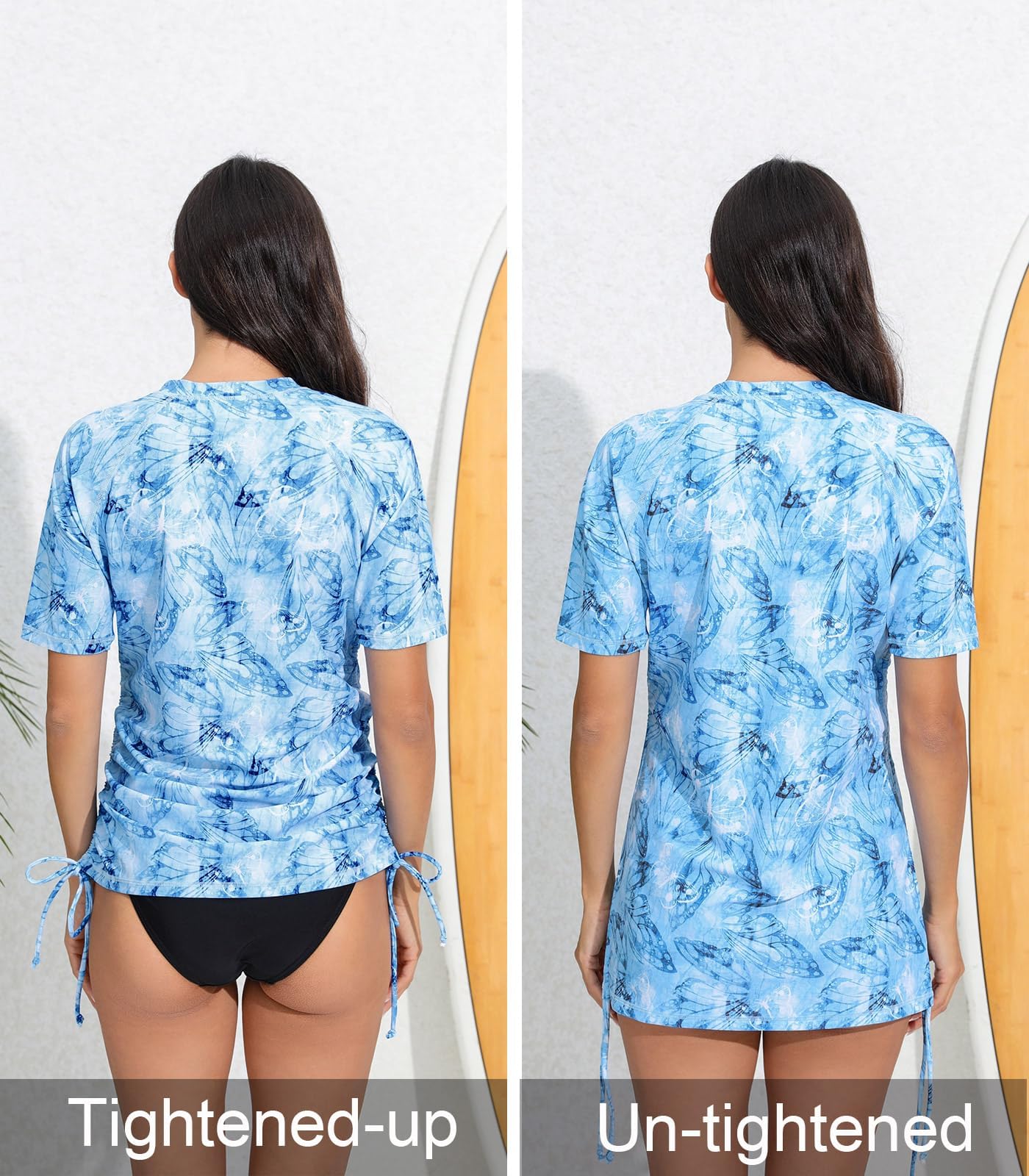 Halcurt Women's Half Zip Short Sleeve Rash Guard Swim Shirt with Tie Drawstring UPF50+ Swimsuit Top Blue Butterfly XL