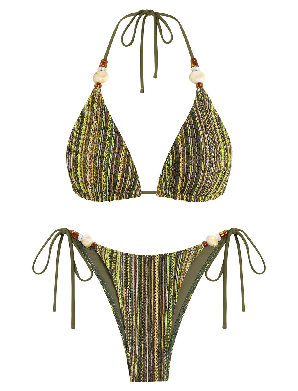 ZAFUL Bikini Sets for Women Sexy Two Piece Swimsuits High Cut Cheeky Thong Bathing Suit Beads Striped Halter Triangle Swimsuit Push Up Bikini Top with Low Rise Bottoms Retro Swimwear 2026 Amy Green S