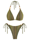 ZAFUL Bikini Sets for Women Sexy Two Piece Swimsuits High Cut Cheeky Thong Bathing Suit Beads Striped Halter Triangle Swimsuit Push Up Bikini Top with Low Rise Bottoms Retro Swimwear 2026 Amy Green S