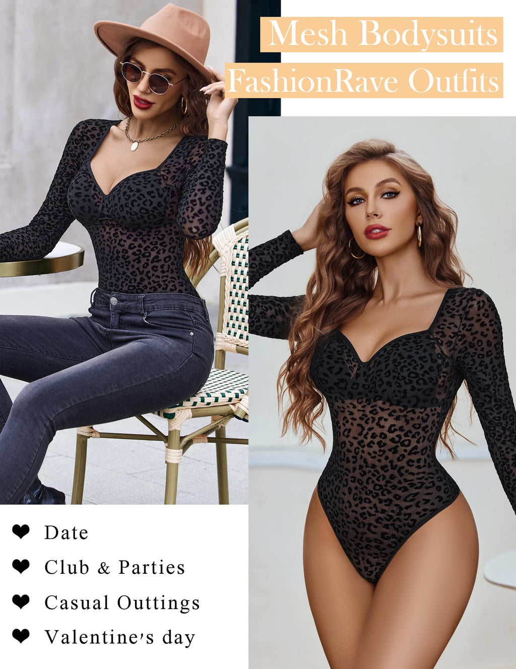 Avidlove Long Sleeve Bodysuit for Women V Neck Sheer Mesh Body Suits Leotards Going Out Tops (Black Leopard, Large)