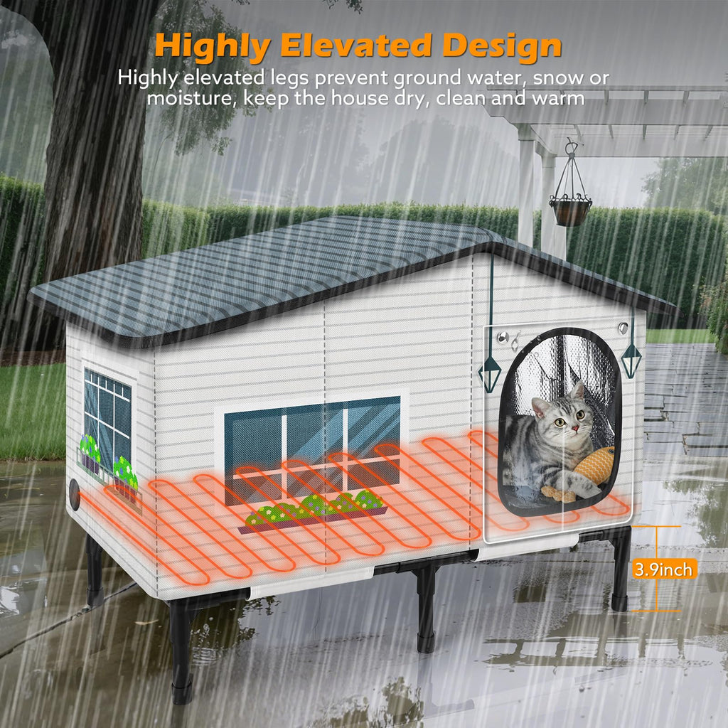 GASUR Weatherproof Heated Cat House for Outside Cats, Outdoor Cat House with Cats Heated Pad for Winter, Insulated Heating Cat Houses, Elevated Safe Feral Cat Houses Heat Cat Shelter (20"x17"x16")