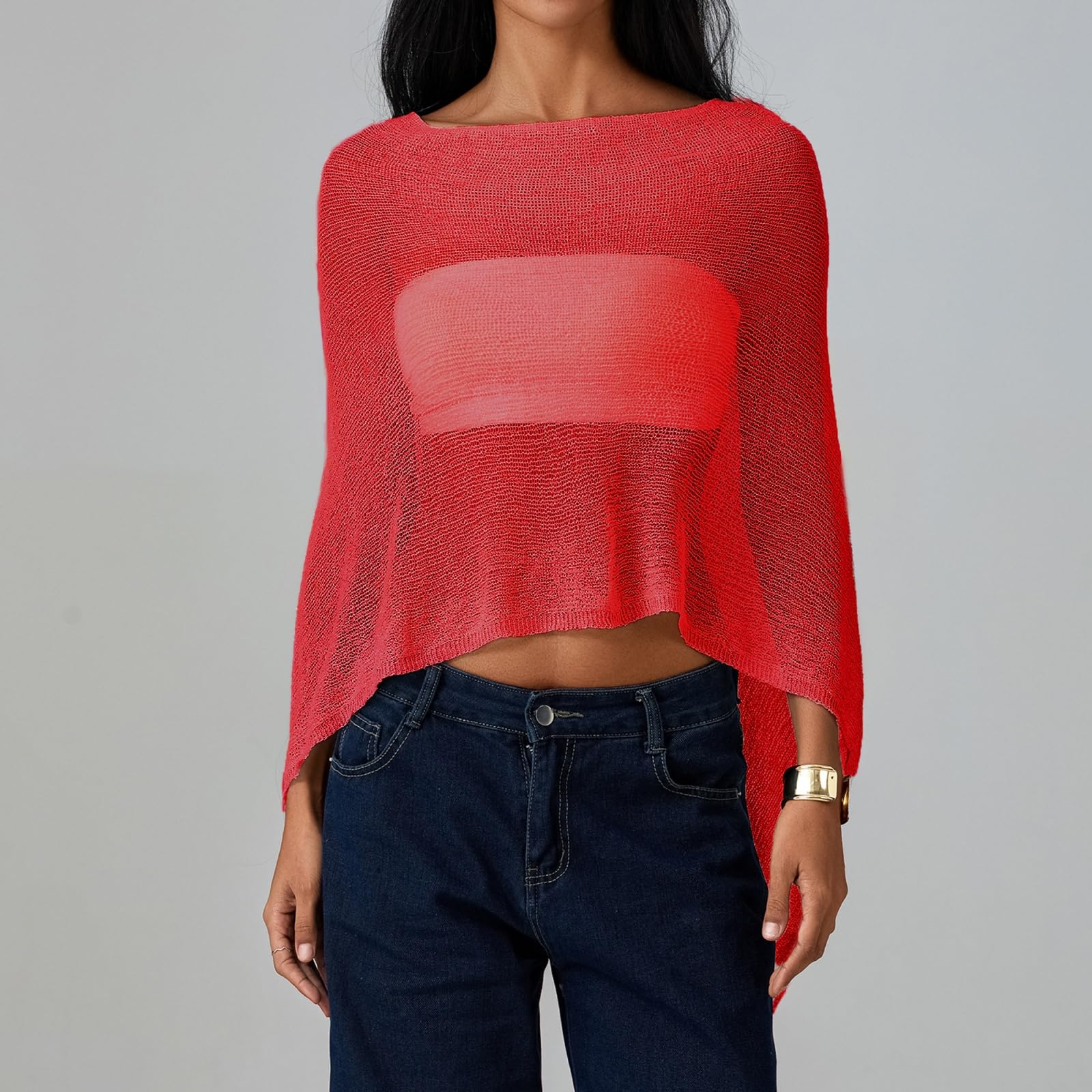 Women Sheer Poncho Top Lightweight Knit Crochet Shrug Bolero Mesh Batwing Sleeve Sweater Cover Up Beachwear
