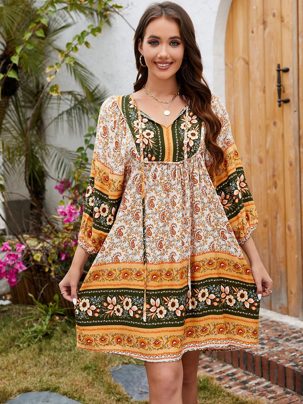Qearal Casual Beach Dresses for Women 3/4 Sleeve Boho Floral Print Mini Dress Loose Fitting Dress Yellow XL