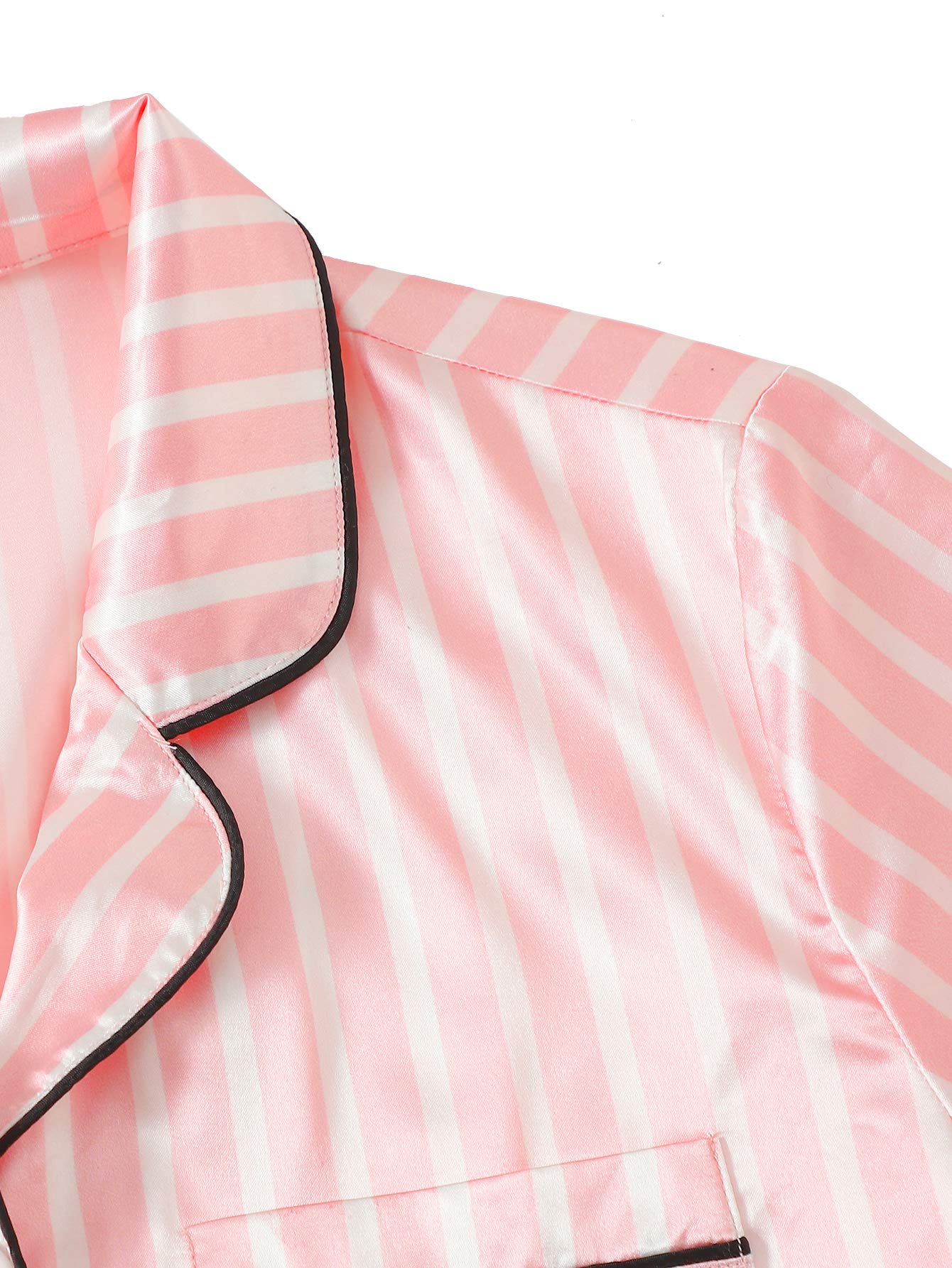 WDIRARA Women's Sleepwear Satin Short Sleeve Shirt and Shorts Pajama Set Striped Pink M