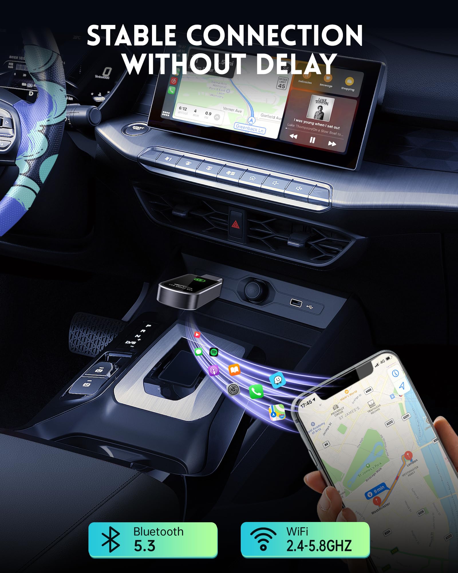 Amzfeel Wireless CarPlay Adapter for Apple iPhone iOS 10+ & Cars from 2015+, Mini Edition, Converts Factory Wired to Wireless CarPlay Dongle Plug & Play (Brushed Cobalt Blue)