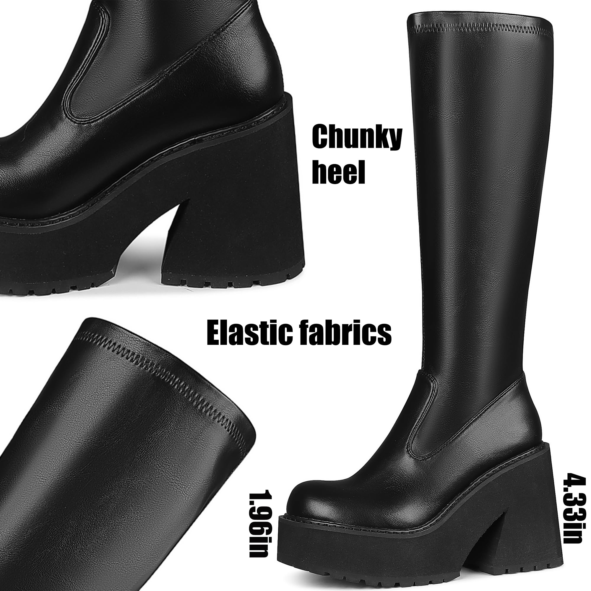 AMINUGAL Womens Elastic Knee High Boots Platform Chunky Block High Heel Sock Boots Zipper Round Toe Fashion Motorcycle Combat Punk Boots For Women Black size 8