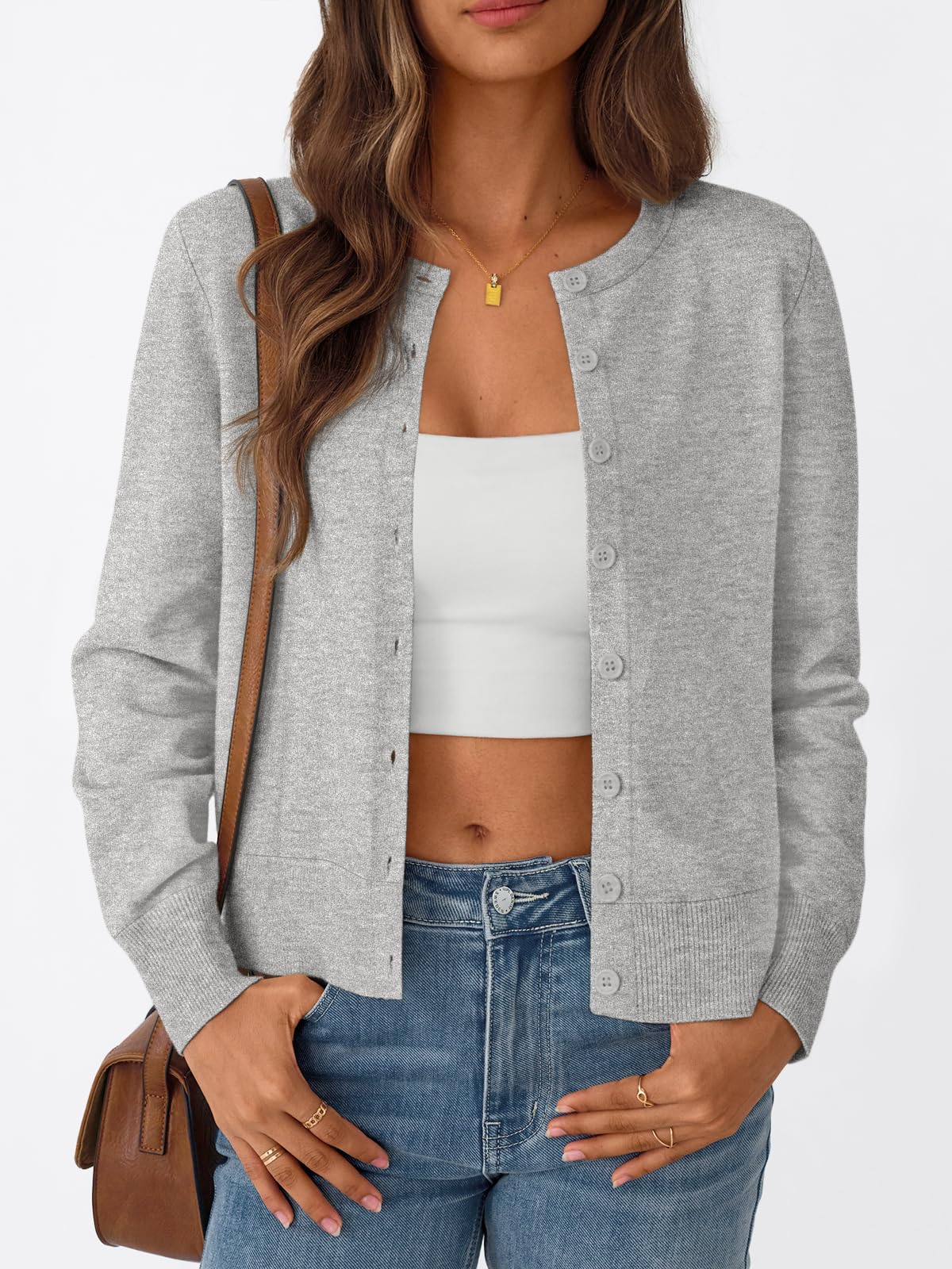 Trendy Queen Womens Cardigan Sweaters Lightweight Cropped Crew Neck Outfits Early Fall Fashion 2025 Clothing Grey Melange M