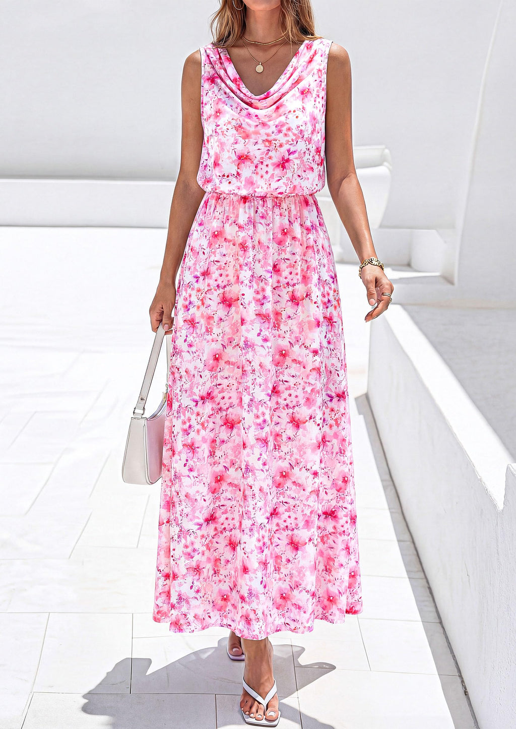 PRETTYGARDEN Womens Summer Floral Maxi Dresses 2026 Spring Sleeveless Cowl Neck Flowy Beach Vacation Wedding Guest Long Dress(White Pink Flower,Large)