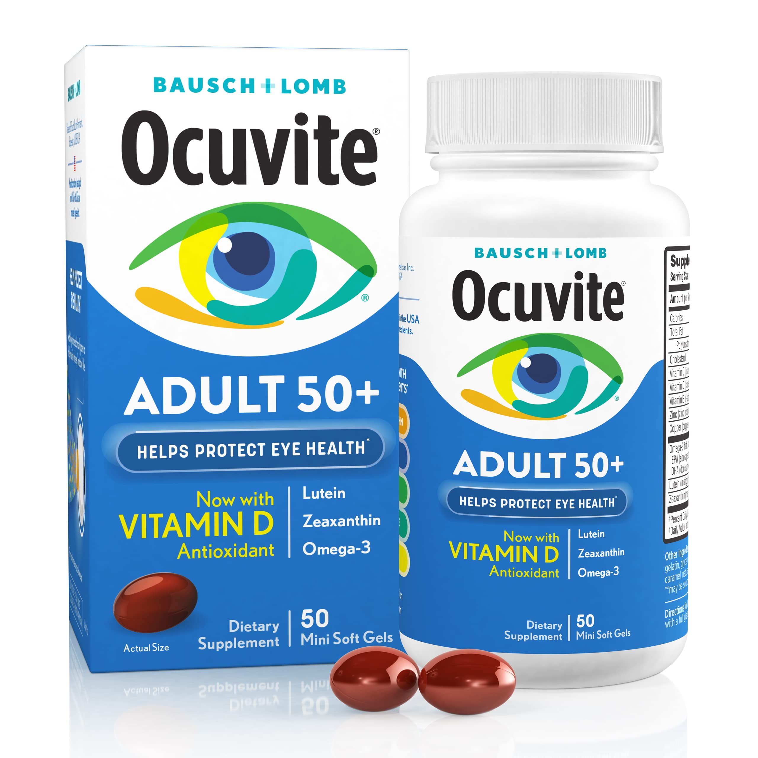 Ocuvite 50+ Eye Vitamin & Mineral Supplement, Multivitamin for Vision & Ocular Health with Omega-3, Zinc, Vitamins C & E, Lutein & Zeaxanthin, Zinc Supplements for Women and Men, 50 Softgels