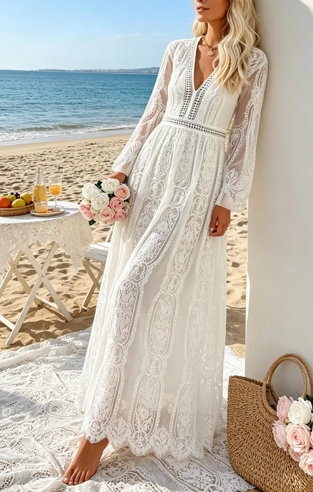 Women's V Neck Long Sleeves White Lace Maxi Wedding Dress Boho Flowy Wedding Guest Formal Party Dress Fall Winter Spring