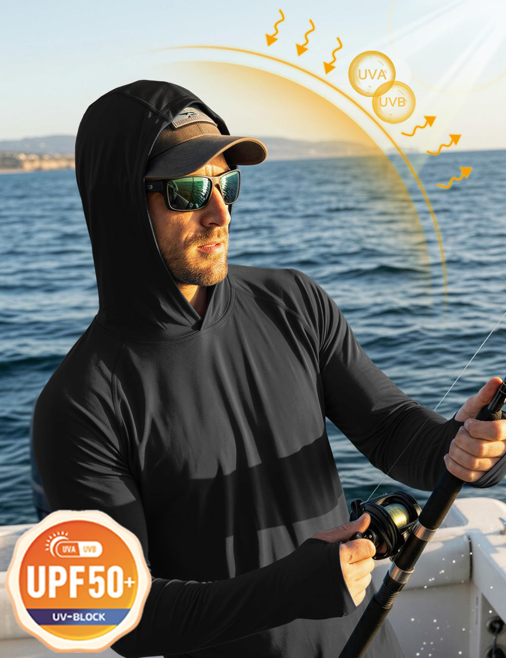 Fishing Shirts for Men UPF 50+ Performance Hoodie Shirts Long Sleeve Sun Protection Moisture Wicking Dry Fit Shirts Active T-Shirt Black