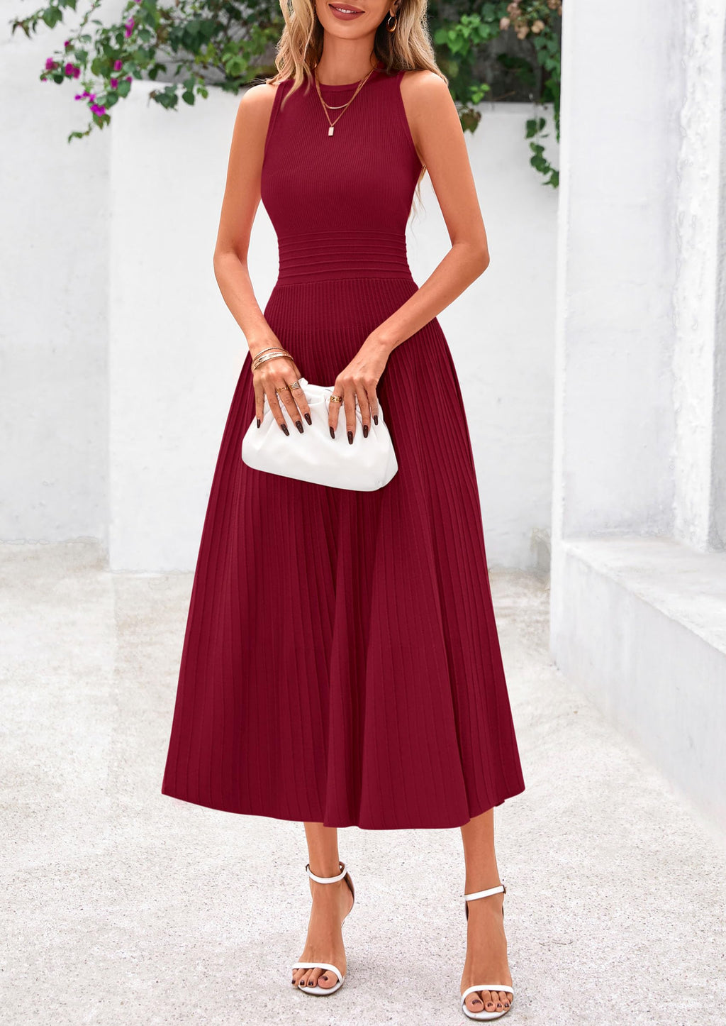 PRETTYGARDEN Spring Casual Dresses for Women 2026 Summer Business Work Midi Sleeveless A Line Pleated Cocktail Dress(Burgundy,Medium)