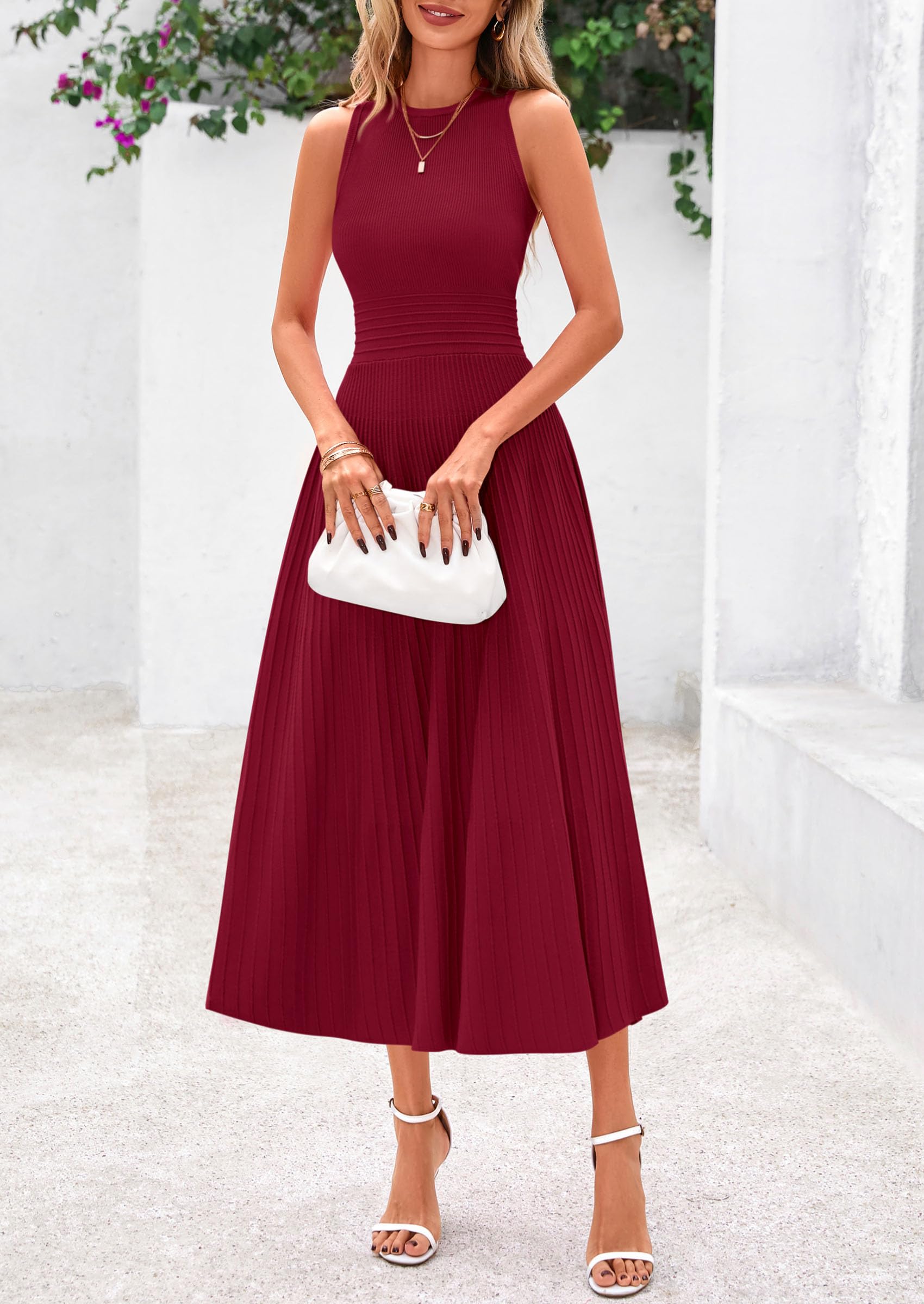 PRETTYGARDEN Spring Casual Dresses for Women 2026 Summer Business Work Midi Sleeveless A Line Pleated Cocktail Dress(Burgundy,X-Large)