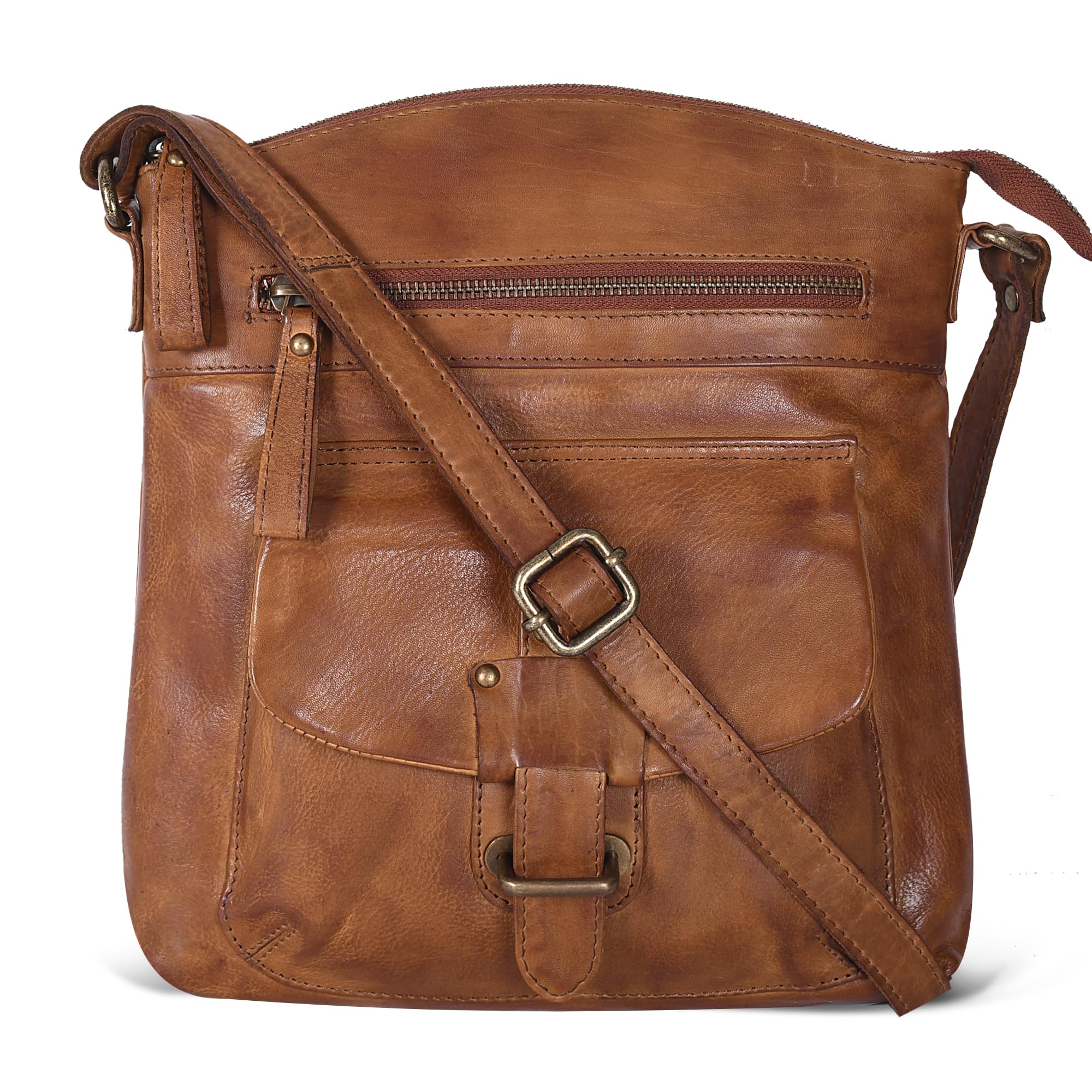 Oak Leathers Leather Crossbody Bag For Women With Adjustable Sling Strap - Medium Size Crossover Shoulder Handbag Purse (Tan Wash)