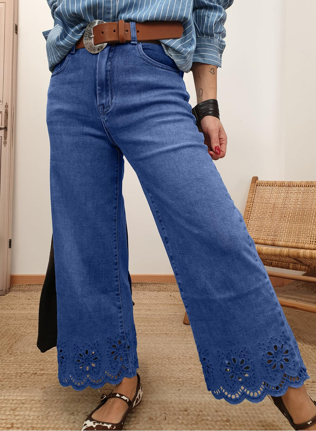 Sidefeel Womens Wide Leg Embroidered Jeans High Waisted Stretchy Straight Leg Loose Fit Ankle Denim Pants Dark Blue Size 10