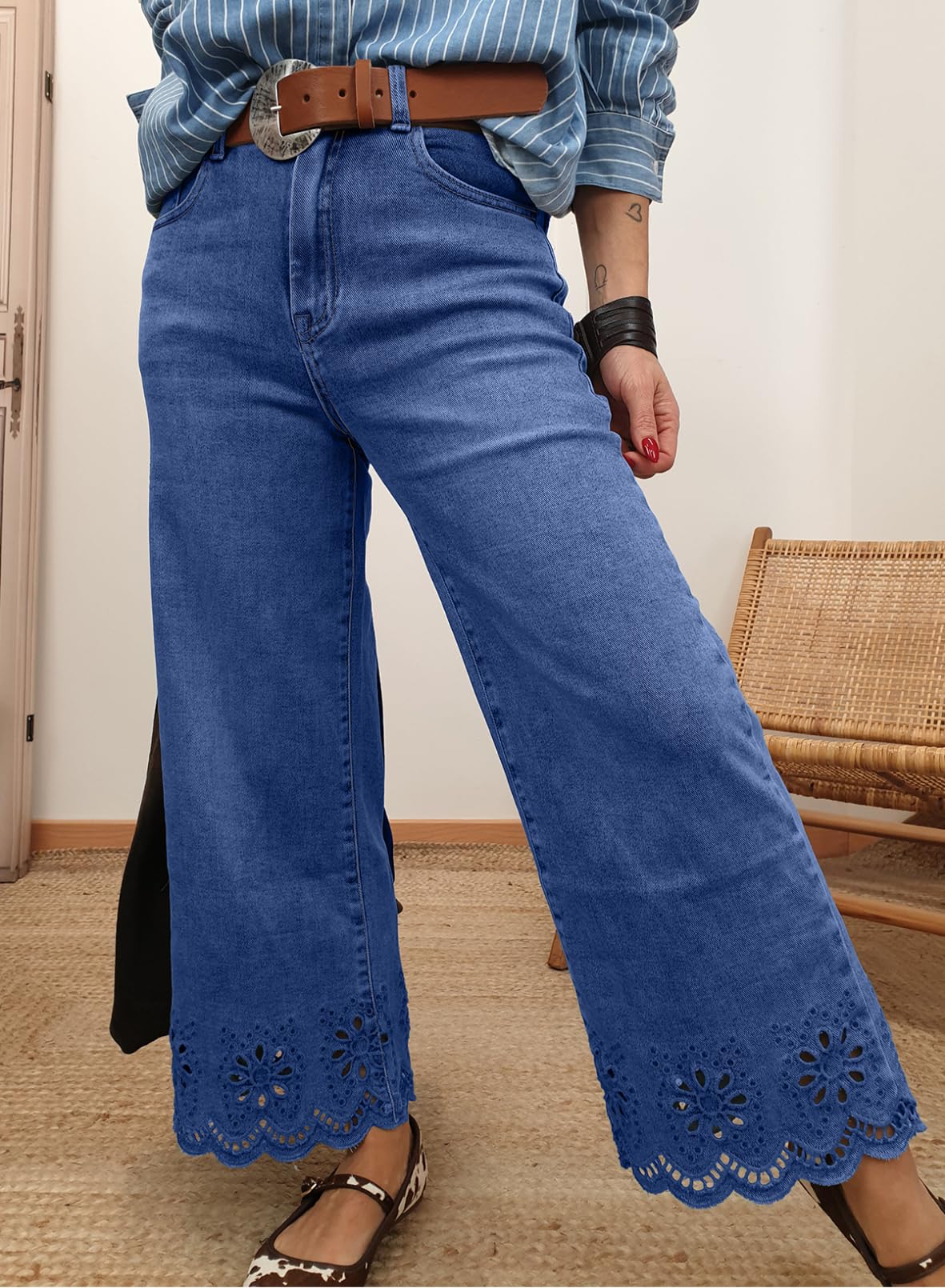 Sidefeel Womens Wide Leg Embroidered Jeans High Waisted Stretchy Straight Leg Loose Fit Ankle Denim Pants Dark Blue Size 10