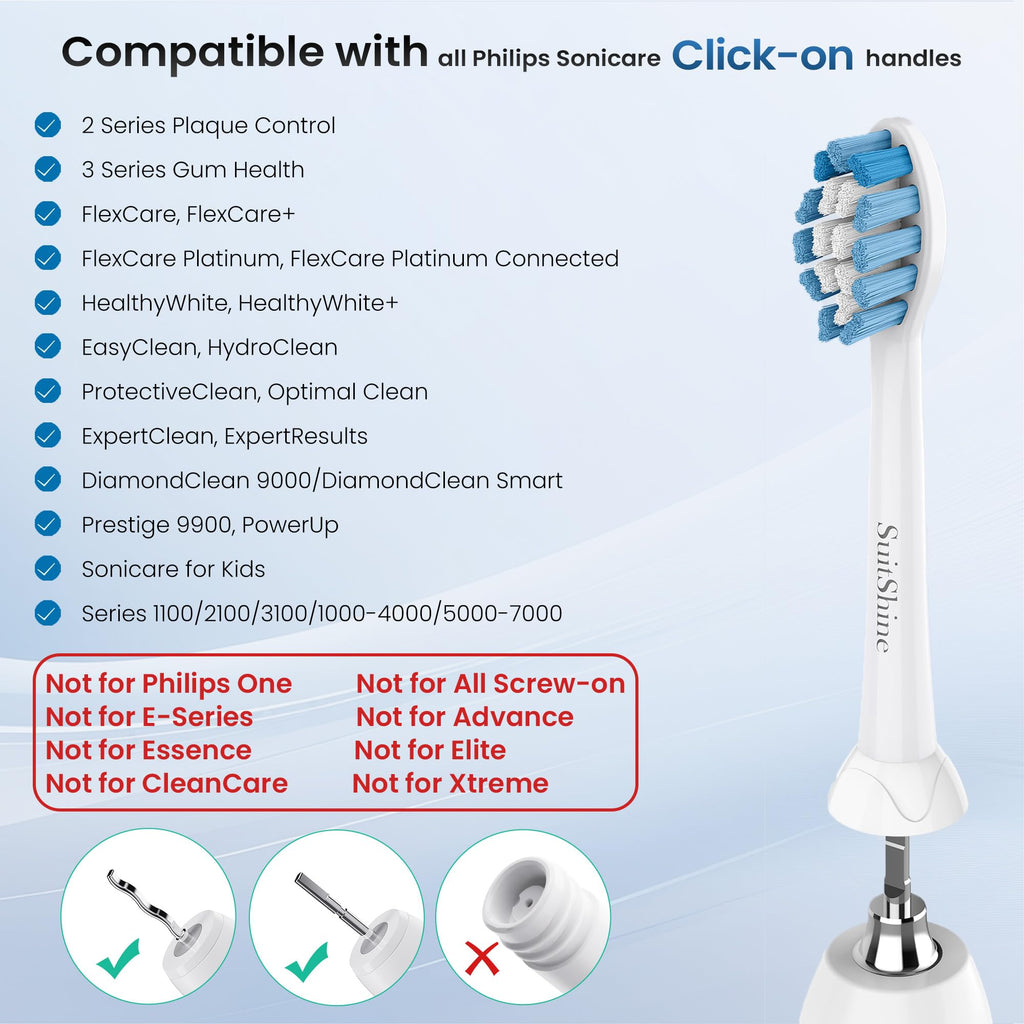 SuitShine Replacement Toothbrush Heads Compatible with Philips Sonicare and More Click-on Handles 8 Pack White