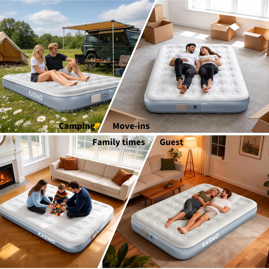 KASIMO Queen Air Mattress with Built-in Battery Powered Removable Pump, Blow Up Mattress Inflatable AirBed with Soft Suede Surface,Air Bed for Home Guests Camping