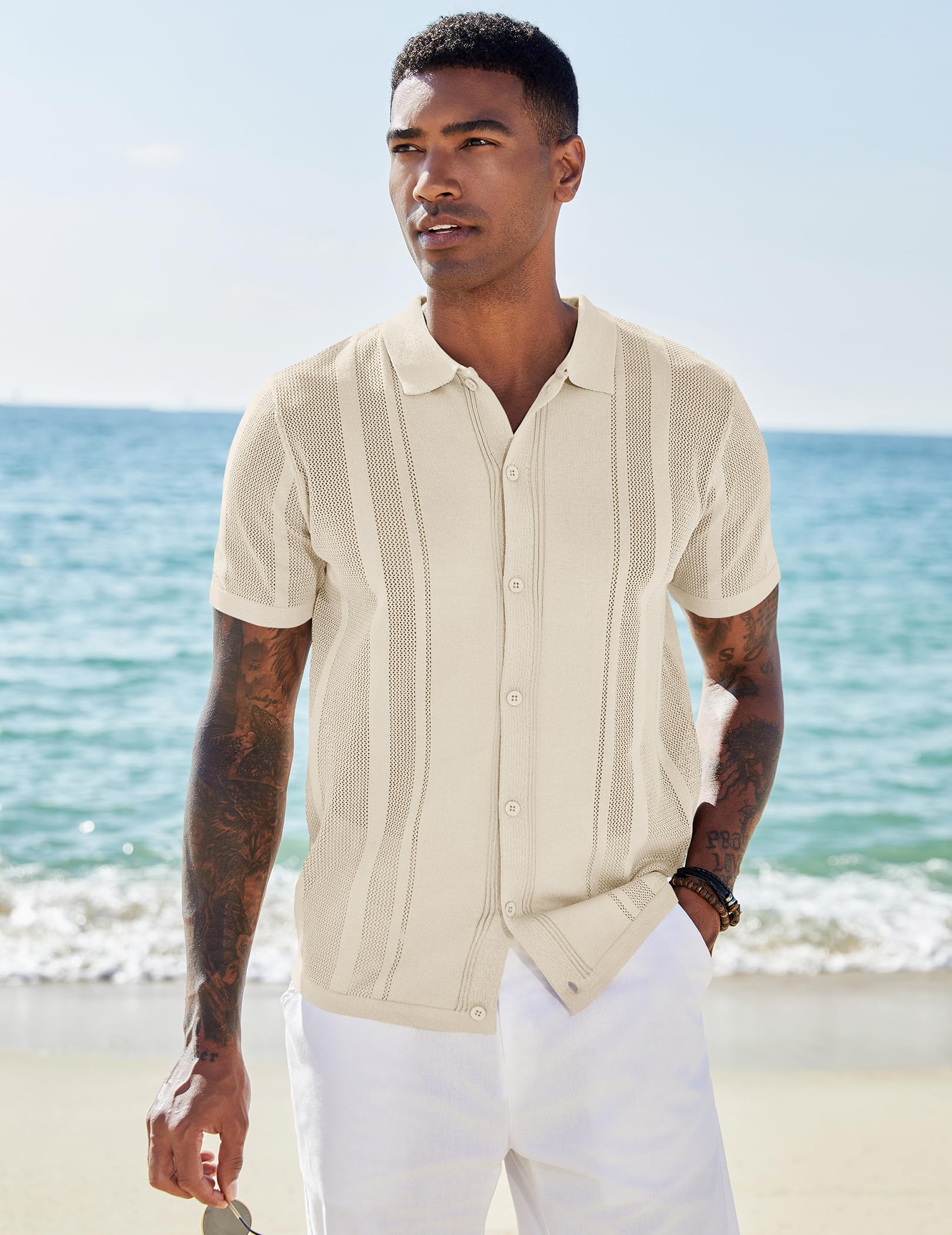 COOFANDY Men's Short Sleeve Knit Shirt Casual Button Down Shirt Vintage Knitted Polo Golf Beach Tops Light Khaki