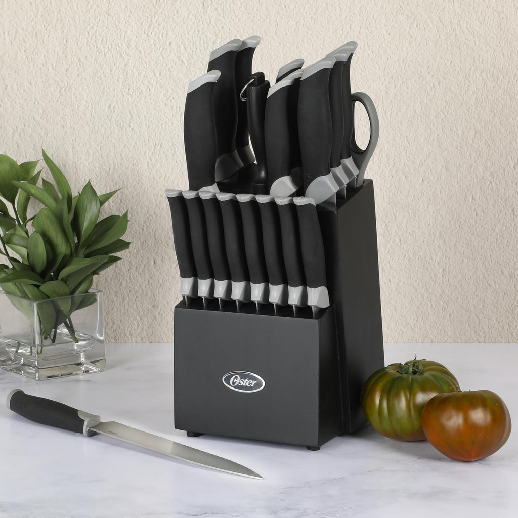 Oster Lindbergh 22 Piece High Carbon Stainless Steel Cutlery Kitchen Knife Block Set w/Black Knife Block - Black Handle - Cuchillos Para Cocina
