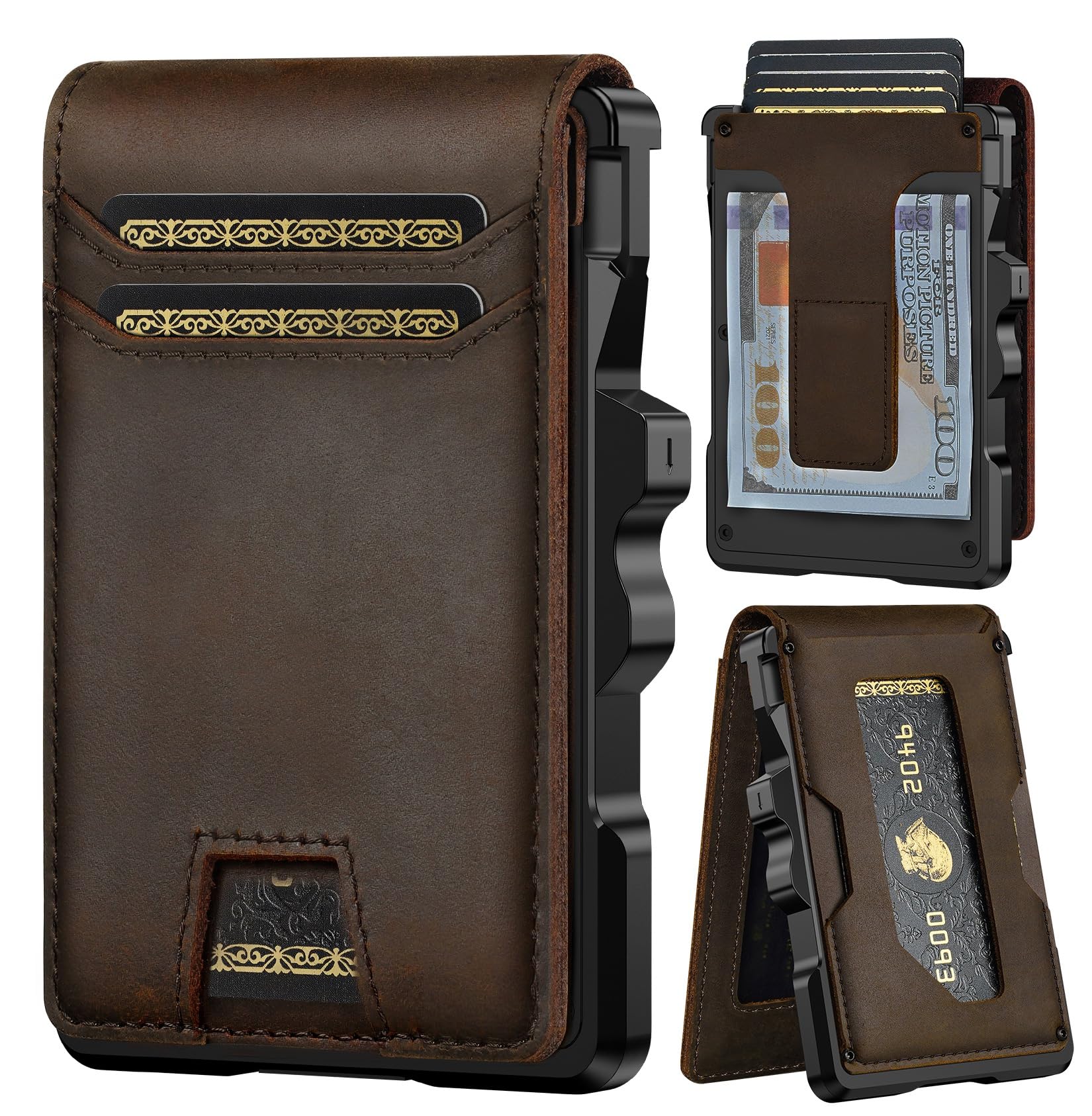 furid Genuine Leather Wallet for Men: Slim RFID Minimalist Wallets with Money Clip - Smart Pop Up Credit Card Holder for Front Pocket - Gifts for Husband Father on Birthday Anniversary
