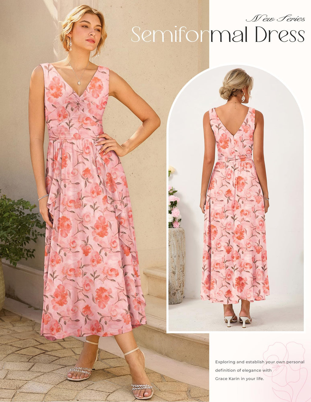 GRACE KARIN Women's Summer Sleeveless Floral Maxi Dress V Neck Formal Wedding Guest Dress A Line Beach Vacation Clothes Orange Floral L