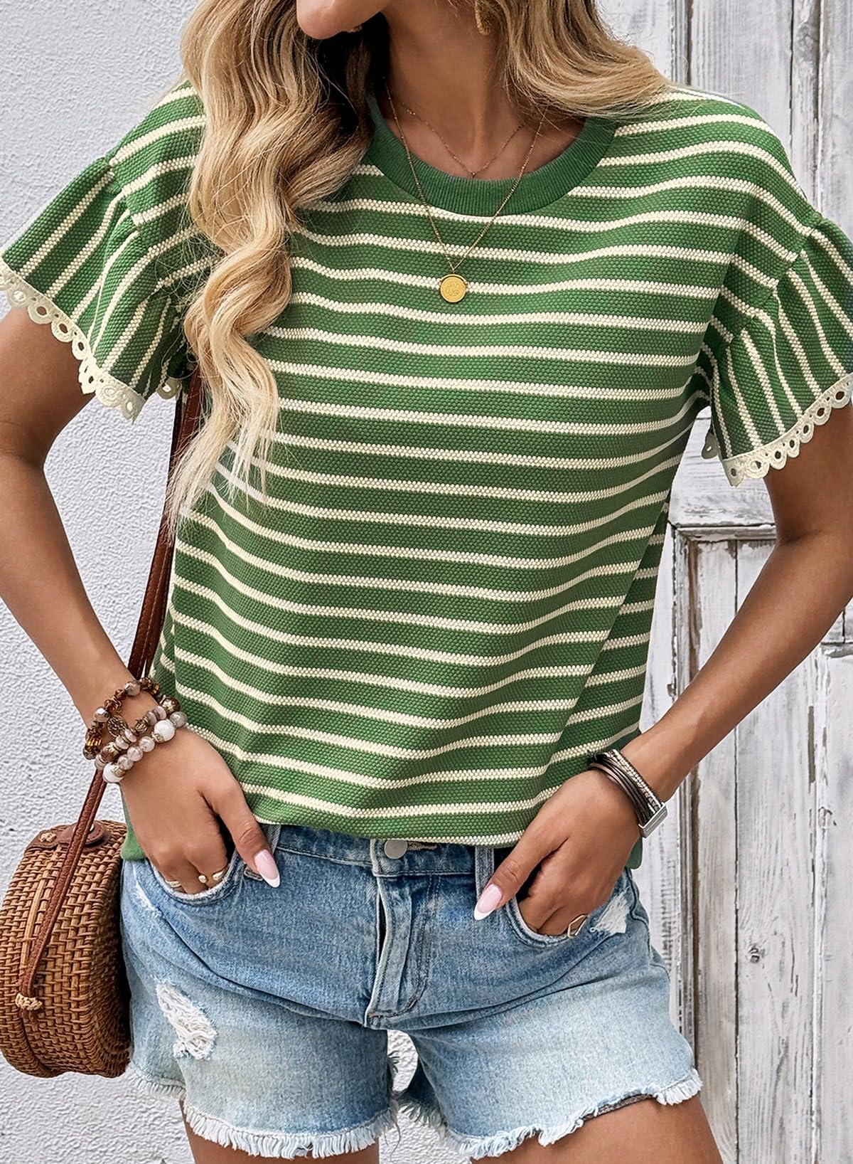 SHEWIN Women Summer Tops Ruffle Short Sleeve Shirts Business Dressy Blouse Casual Fashion Trendy Sweaters Loose Fit Work 2026 Clothes Size L, Beige and Green Stripe