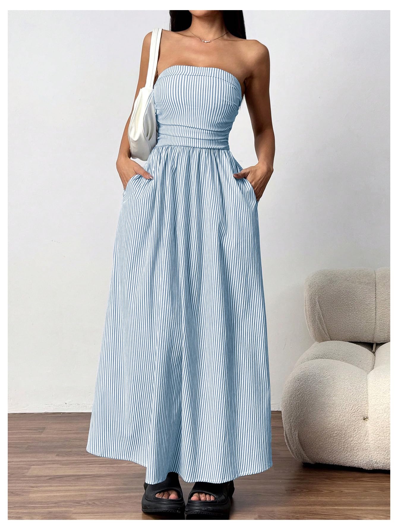 Milumia Women's Striped Strapless Maxi Dress Summer Casual Tube Top Long Dresses with Pocket Blue and White X-Small