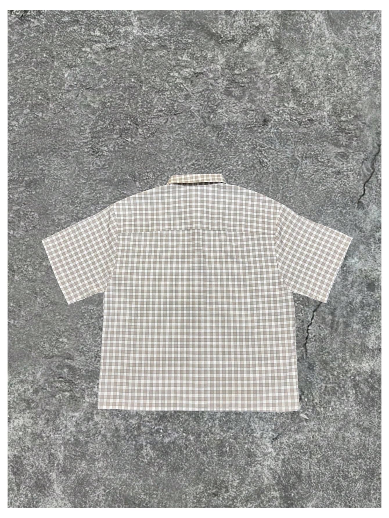 GORGLITTER Men's Cropped Button Down Shirt Plaid Y2k Short Sleeve Pocket Patched Gingham Collar Tops Streetwear White and Brown Small