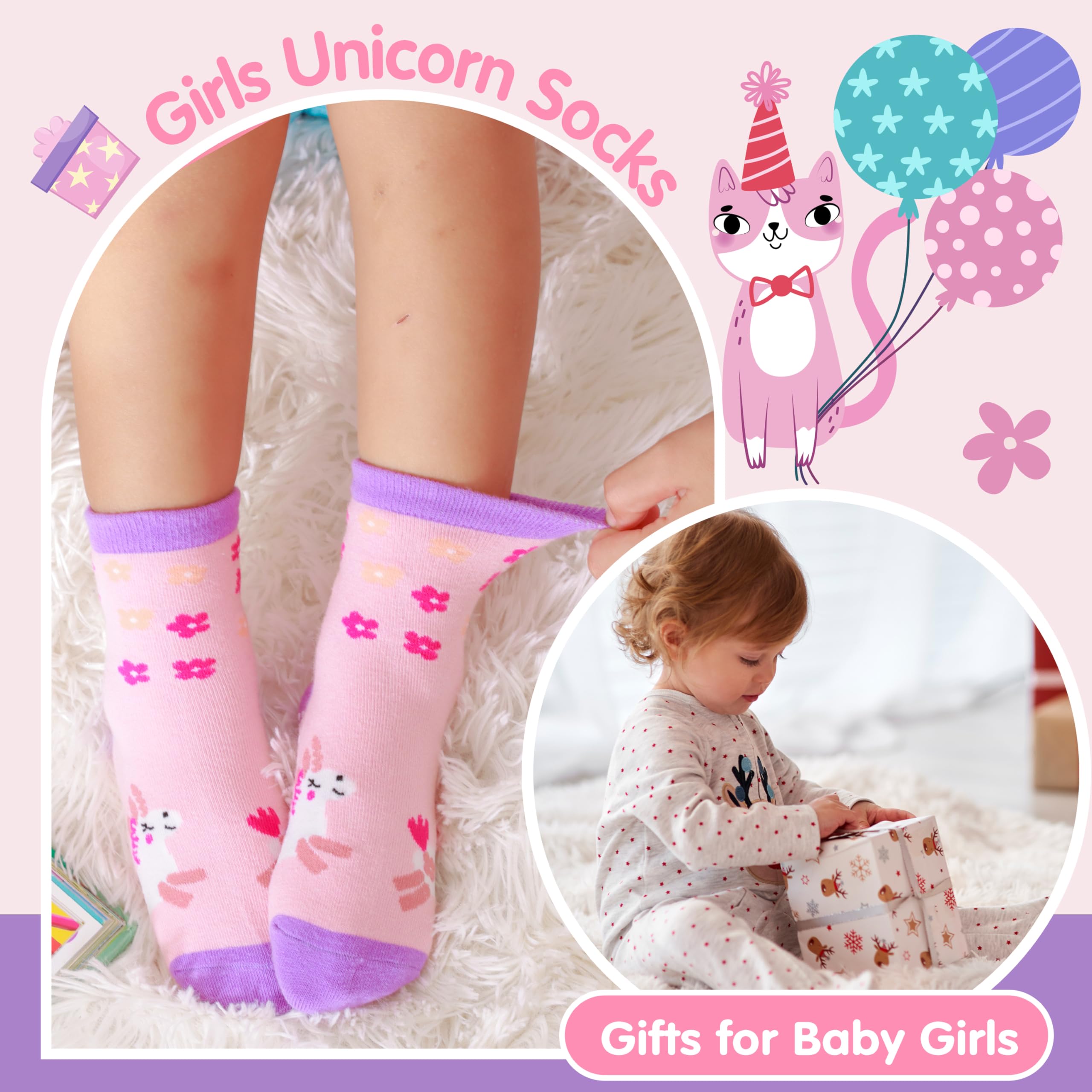 Welwoos Baby Girls Toddlers Grips Socks Kids Non Slip Anti Skid Funny Animal Cartoon Gift Cotton Socks with Grippers 12 Pairs Stocking Stuffers (Flower,5-8 Y)