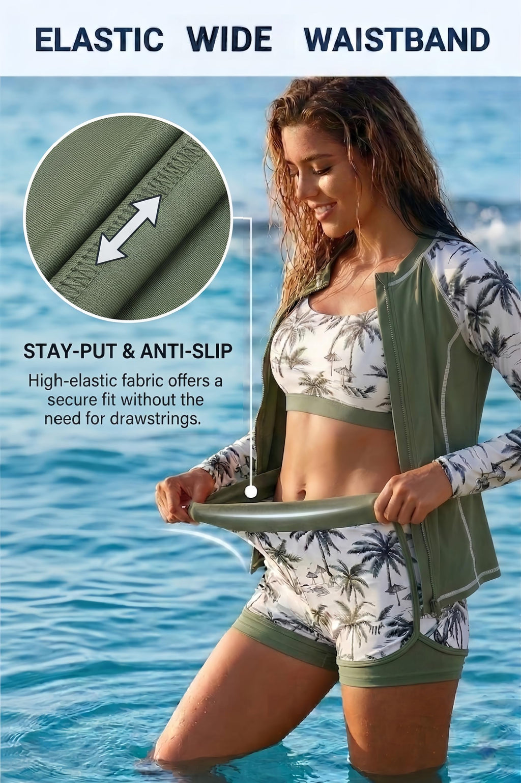 Green Palm Tree 3 Piece Rash Guard for Women - Long Sleeve Swimsuits with Shorts SPF Zip up Swim Shirt with Built in Bra M