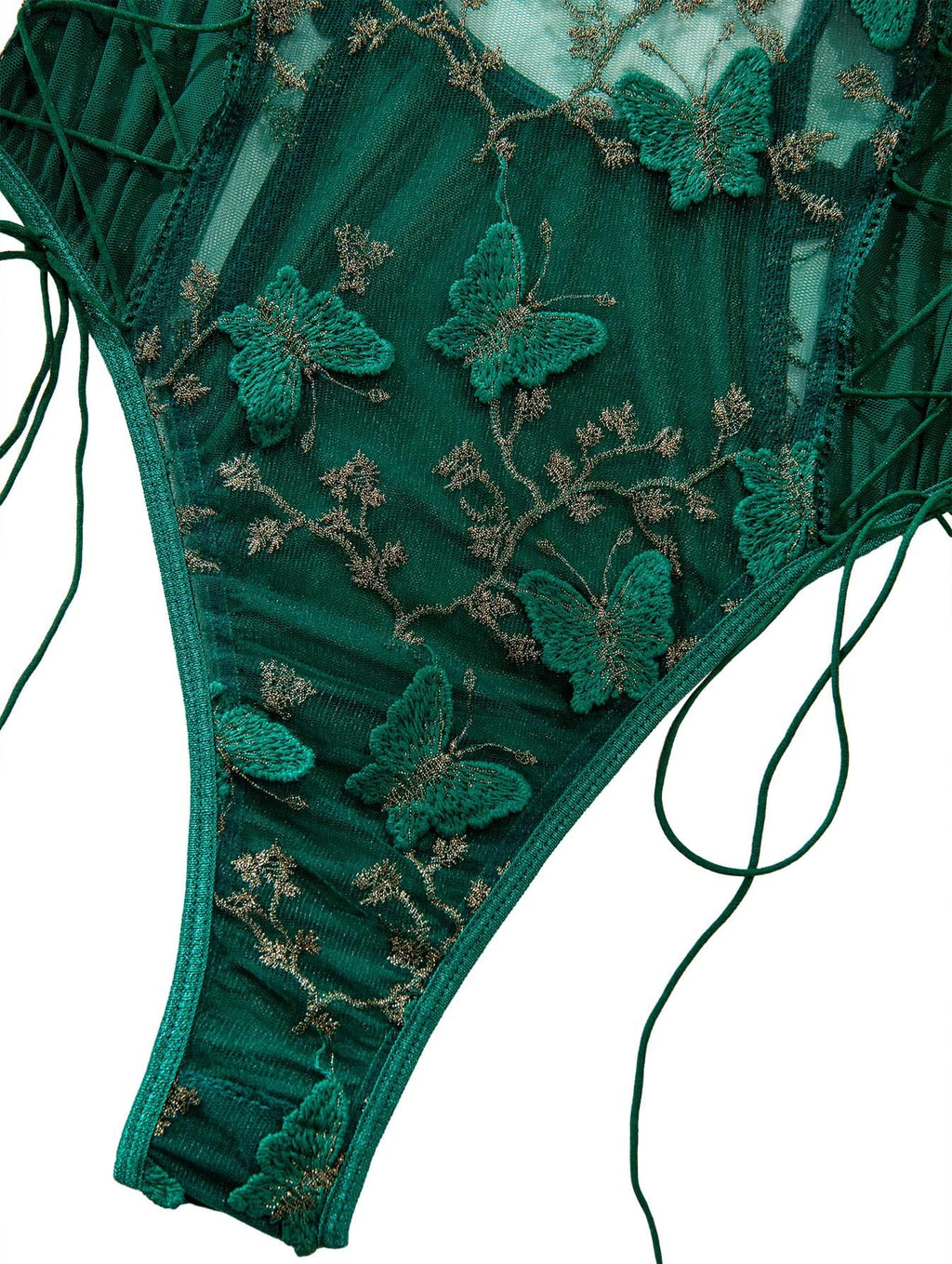 Lilosy Women Sexy Lace Up Floral Embroidered Teddy Babydoll Lingerie Bodysuit Top Mesh Sheer One Piece See Through Butterfly Army Green Medium