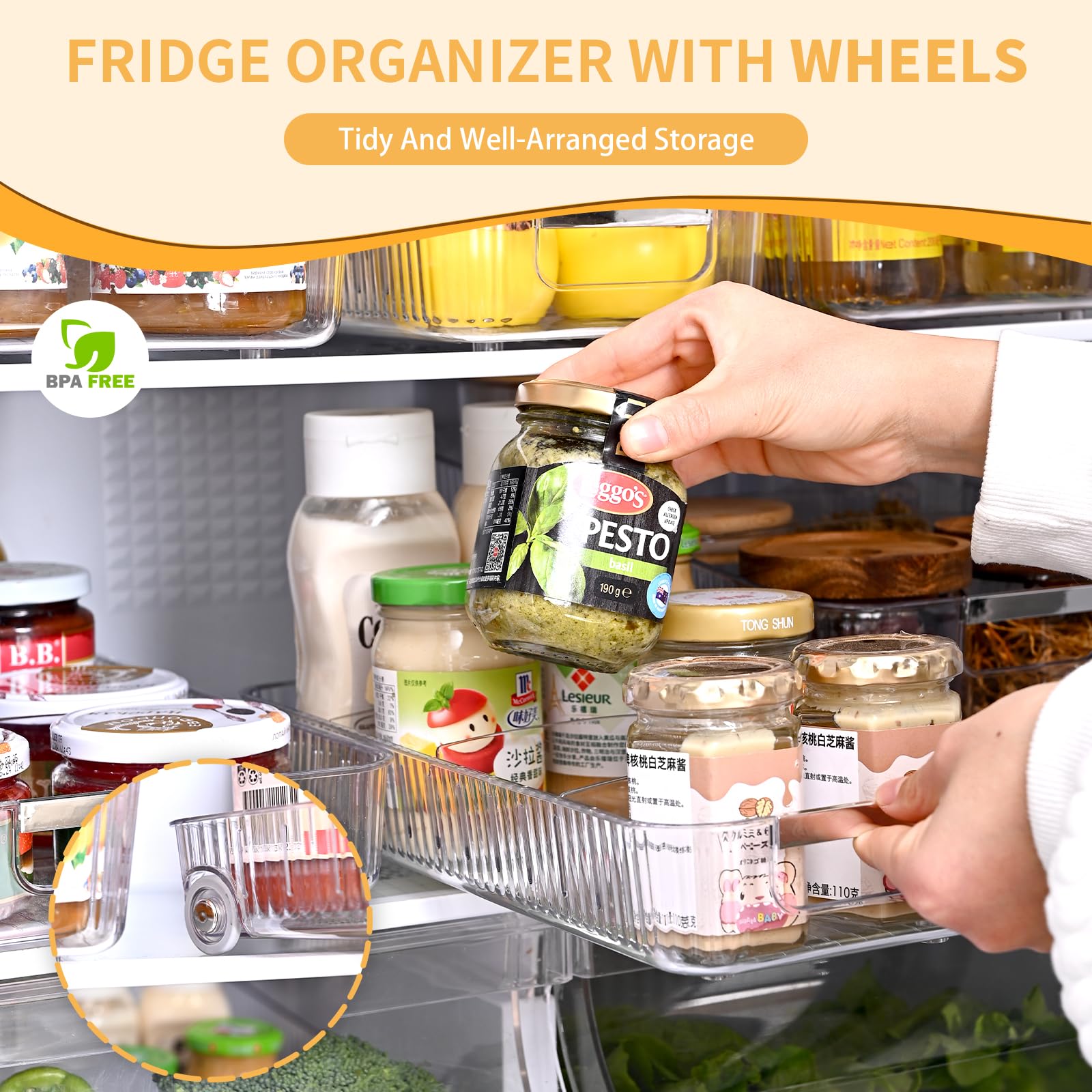 OZEPLASC Refrigerator Organizers and Storage Roll Out Storage Bins Fridge Organizer with Wheels BPA-Free Clear Plastic Storage Bins Pantry Organizers and Storage 2 Pack