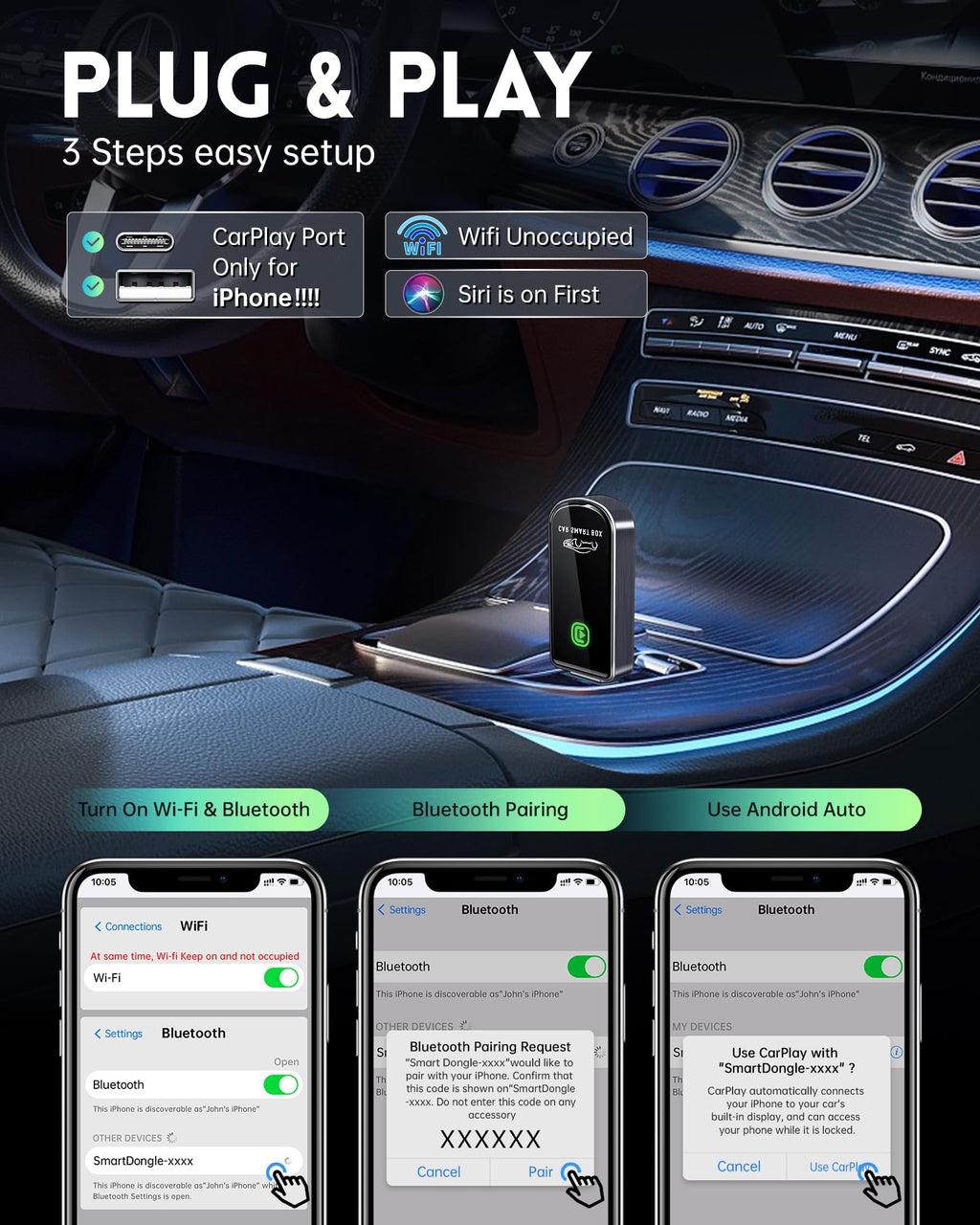 Amzfeel Wireless CarPlay Adapter for Apple iPhone iOS 10+ & Cars from 2015+, Mini Edition, Converts Factory Wired to Wireless CarPlay Dongle Plug & Play (Brushed Cobalt Blue)