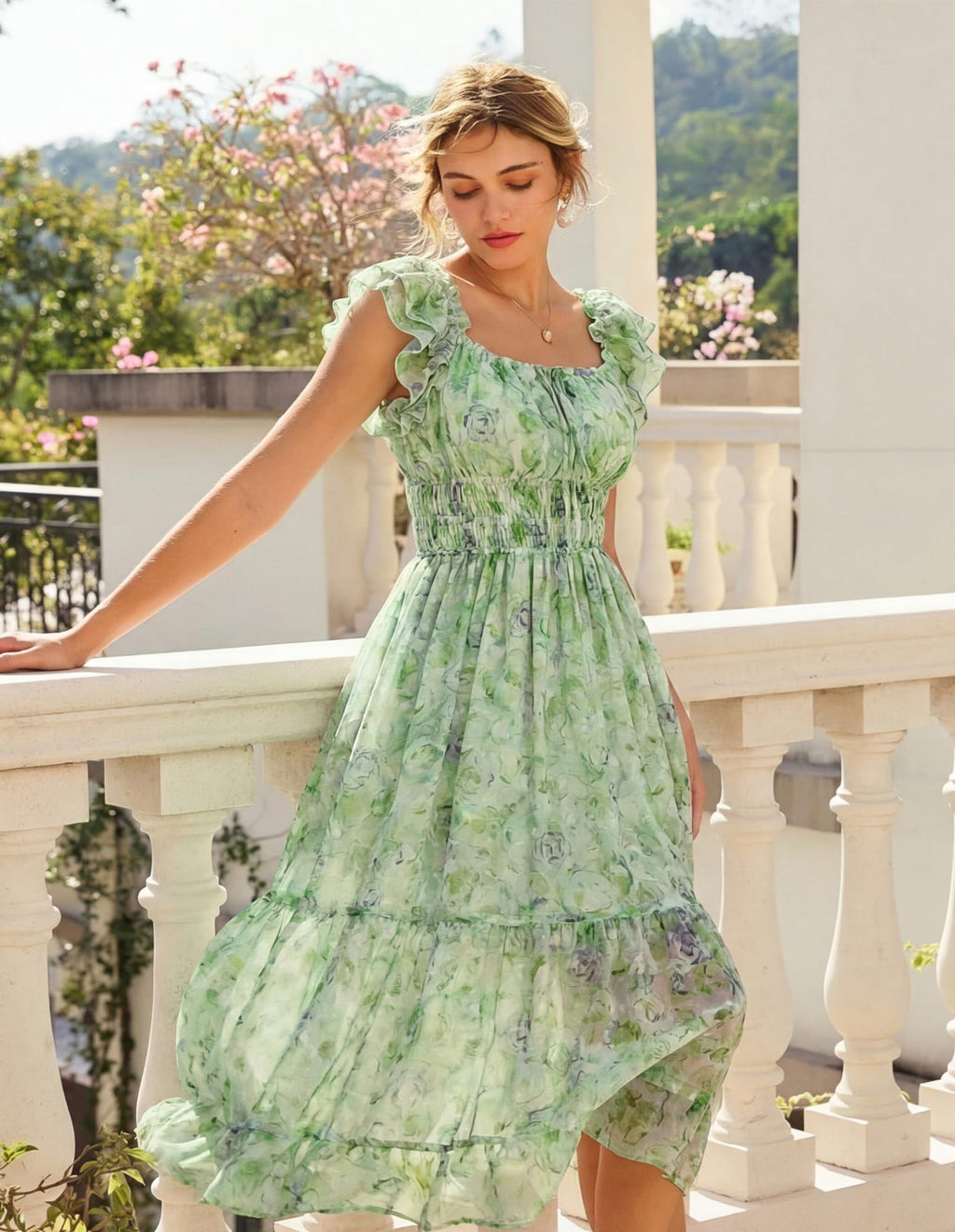 GRACE KARIN 2026 Women's Spring Floral Midi Dress Beach Wedding Guest Dresses Flowy A Line Casual Summer Clothes Green XL