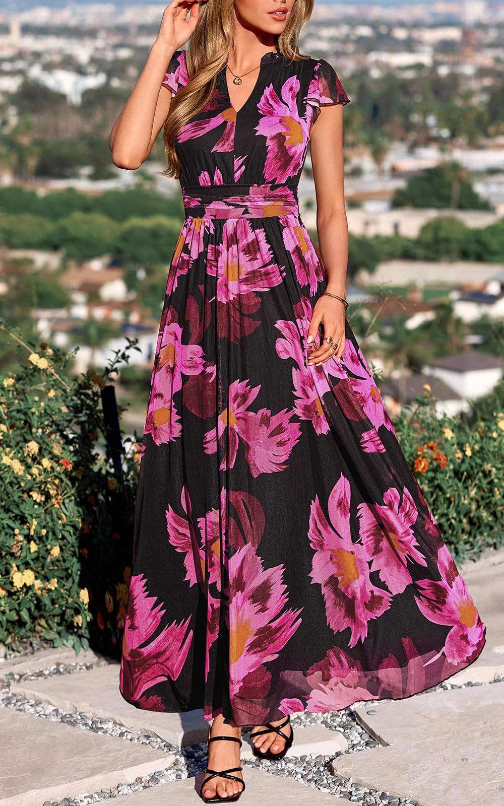 PRETTYGARDEN Women's Floral Short Sleeve Summer Maxi Dresses 2026 Ruffle V Neck High Waisted Elegant Wedding Guest Dress (Black Pink Floral, Small)