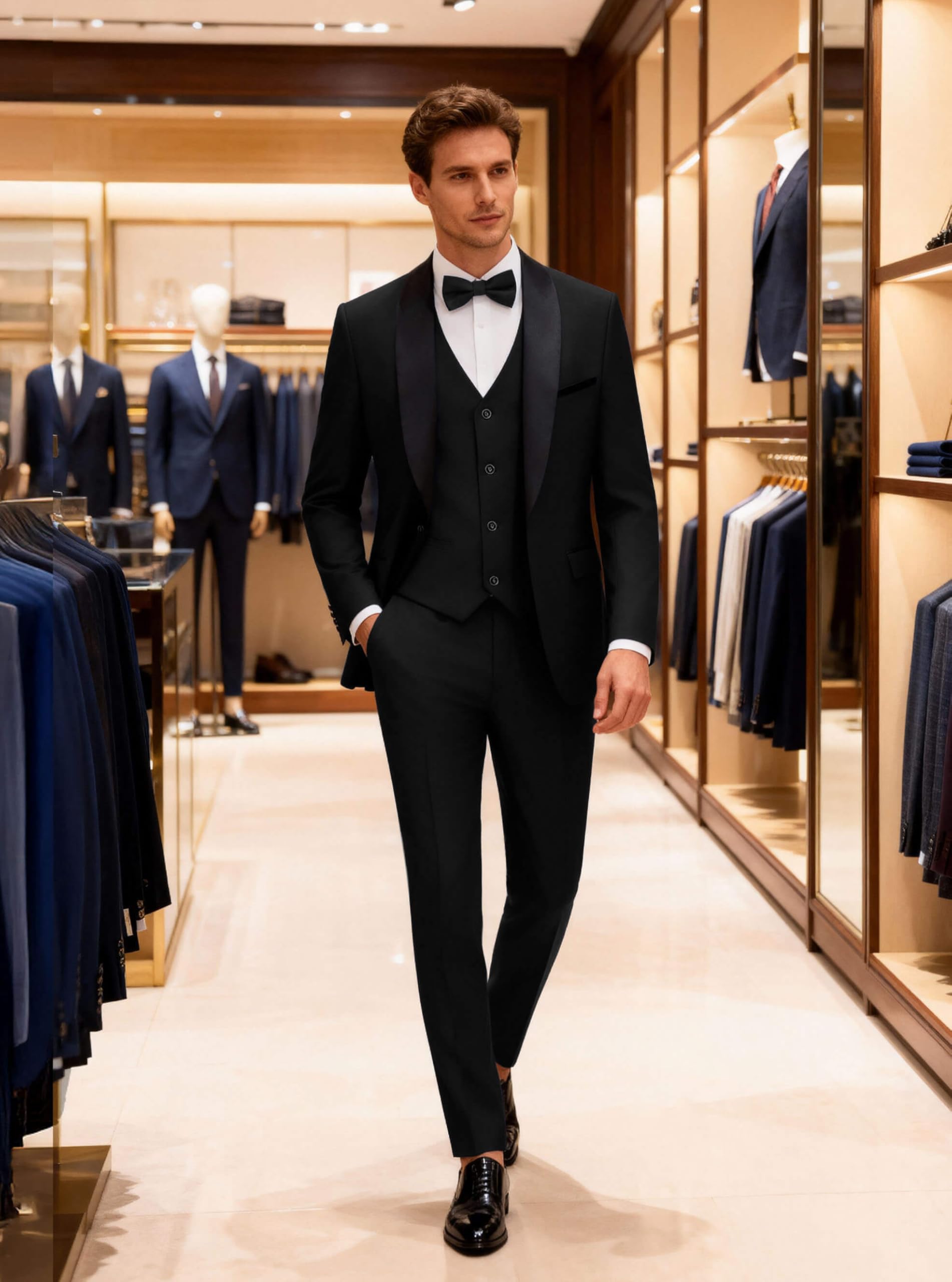 WULFUL Men's 3 Piece Suits Slim Fit Tuxedo Suit Set One Button Shawl Lapel Blazer Jacket Vest Pants Set for Prom, Business Black